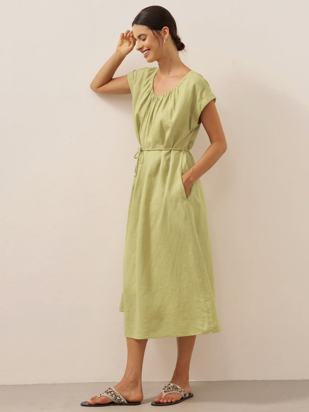 100% Linen Pleated Crew Neck Midi Dress with Detachable Tie Straps MIRA