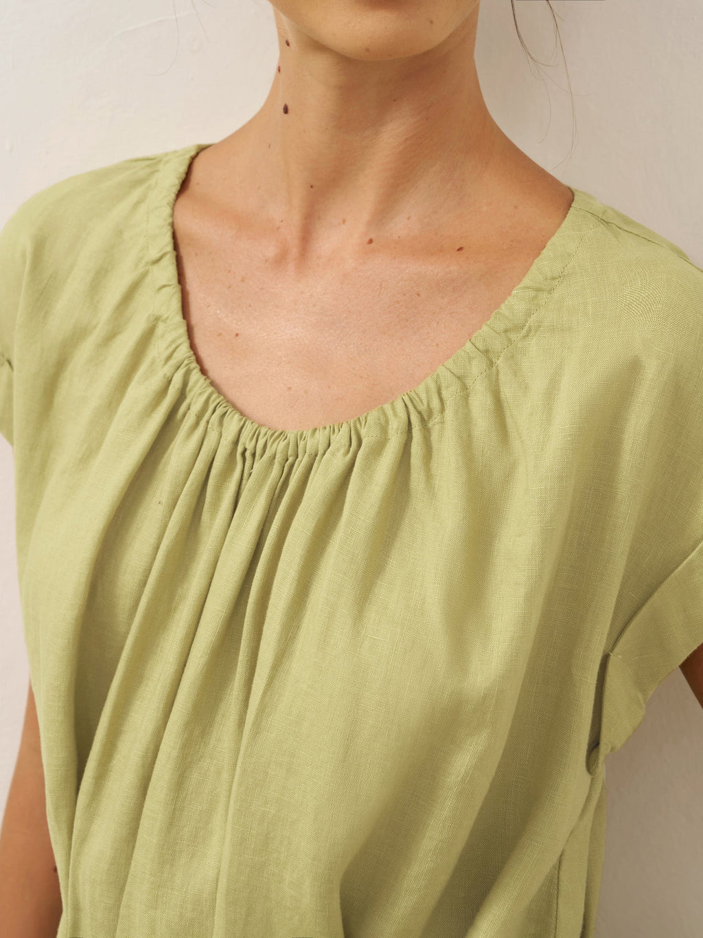 100% Linen Pleated Crew Neck Midi Dress with Detachable Tie Straps MIRA