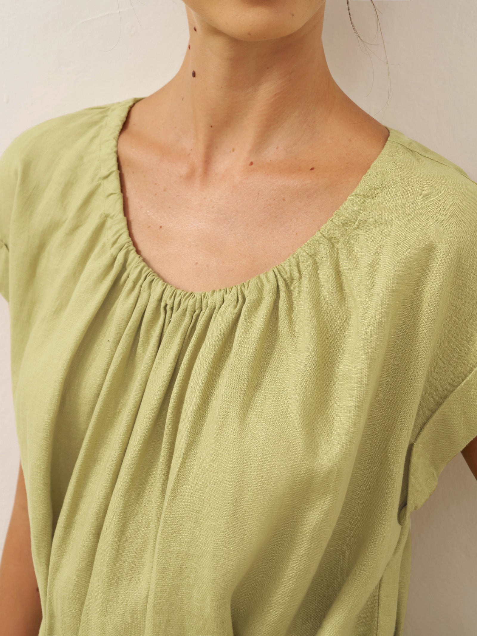 100% Linen Pleated Crew Neck Midi Dress with Detachable Tie Straps MIRA