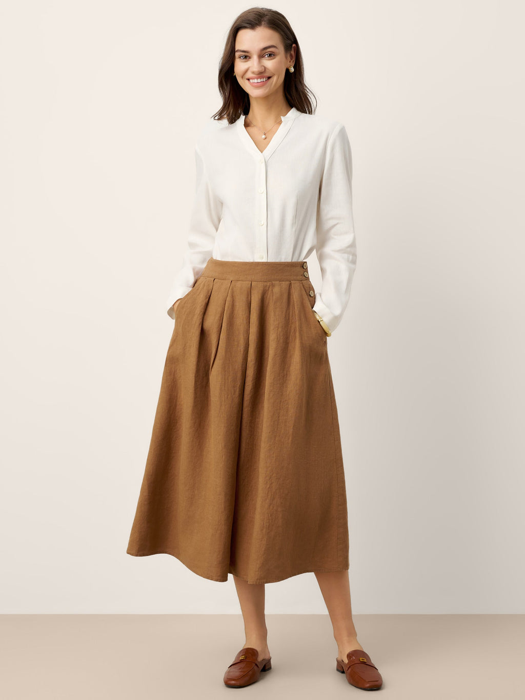 100% Linen Pleated Side Button Skirt LILITH
