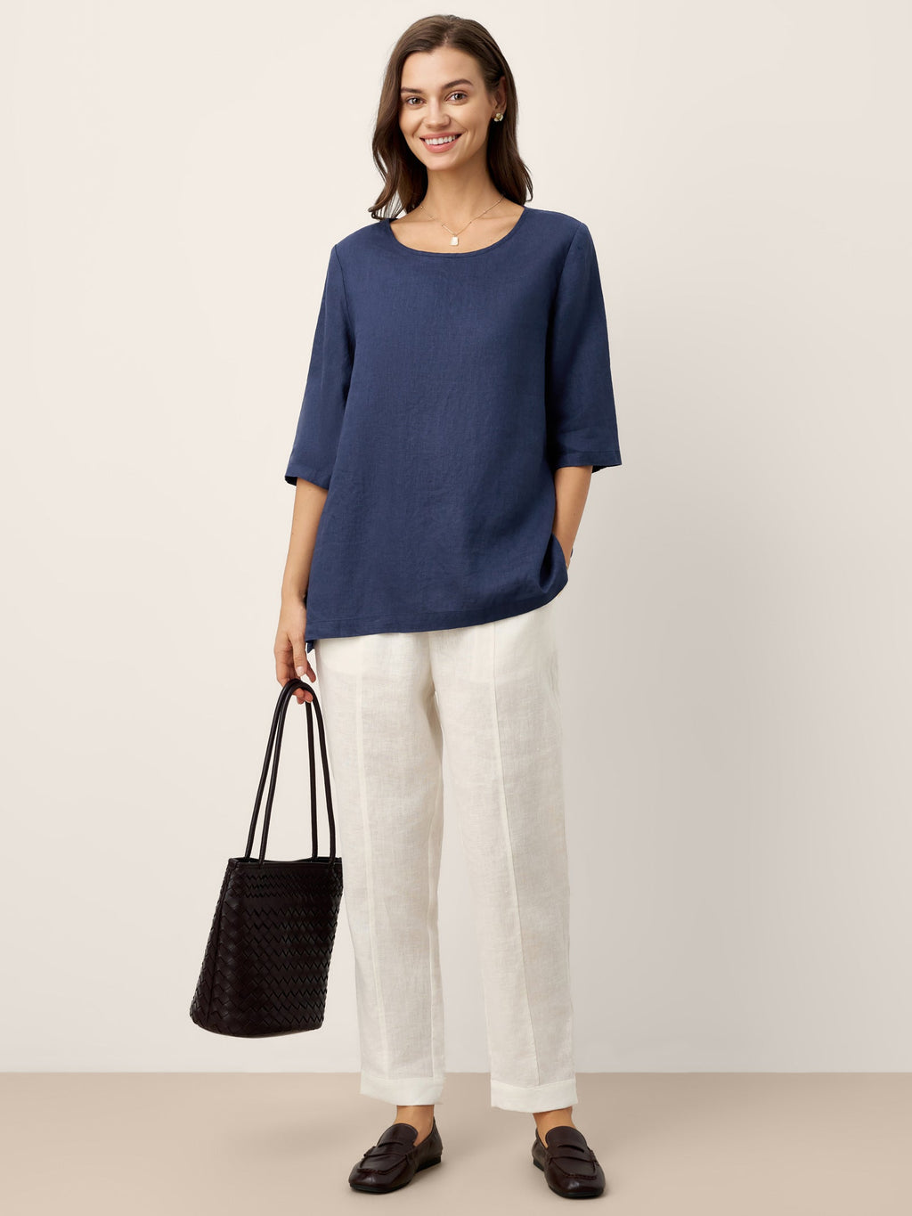 100% Linen Relaxed Back Button Top with Tab Sleeves SYLVANA