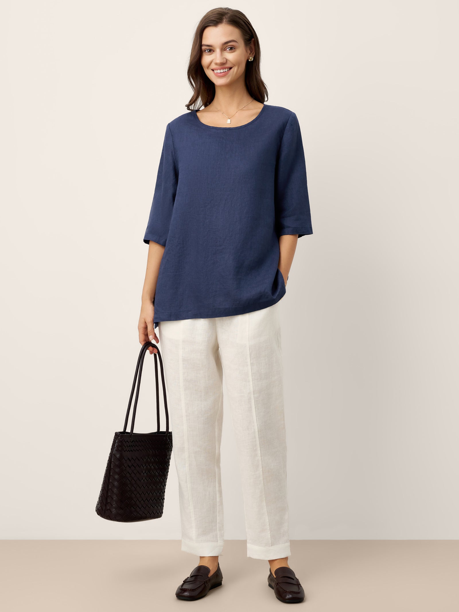 100% Linen Relaxed Back Button Top with Tab Sleeves SYLVANA