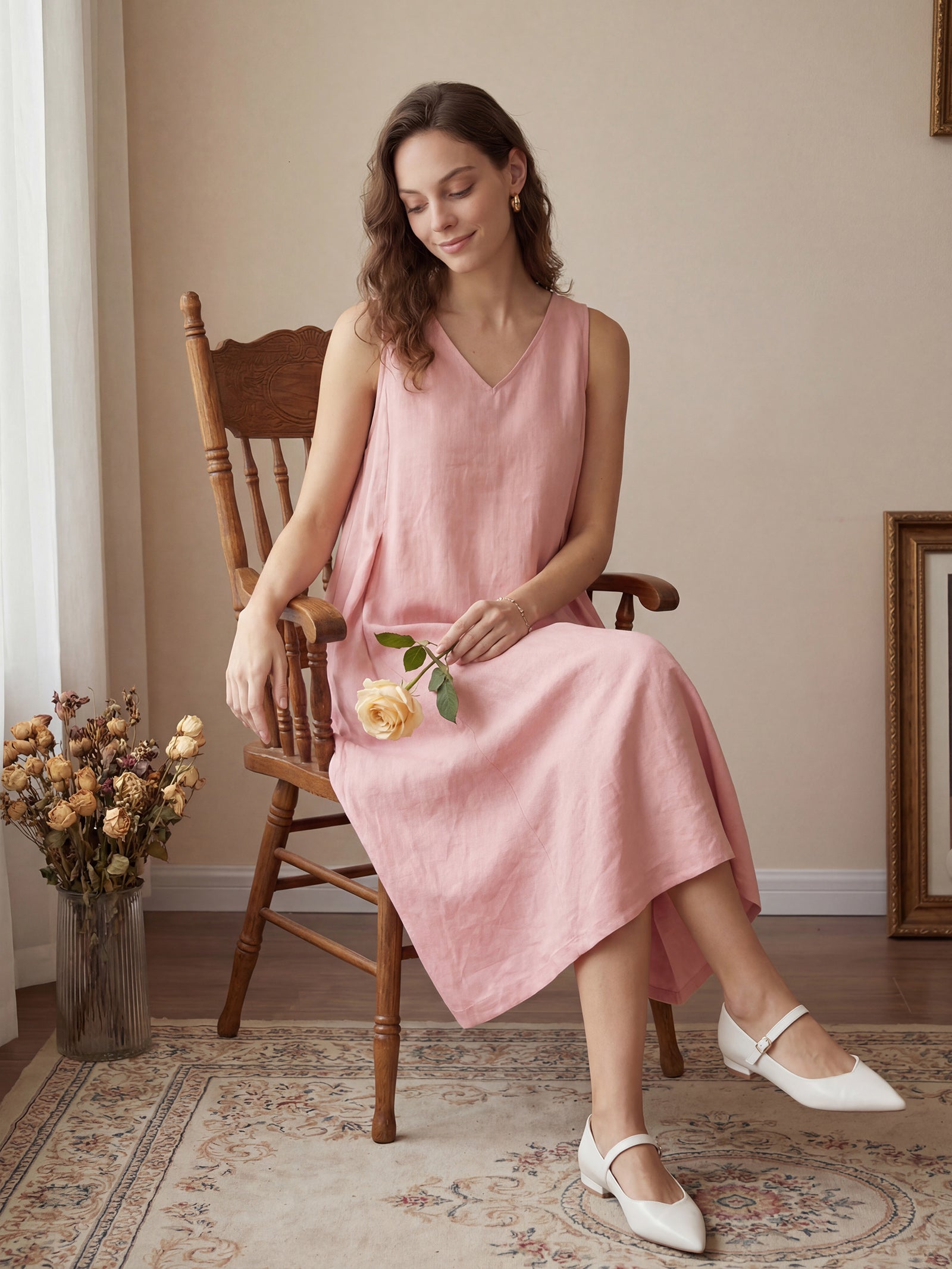 100% Linen Sleeveless A-Line Midi Dress TARA