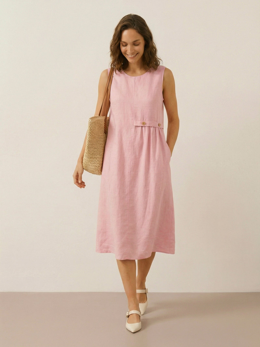 100% Linen Sleeveless Accordion Pleat Midi Dress TINA