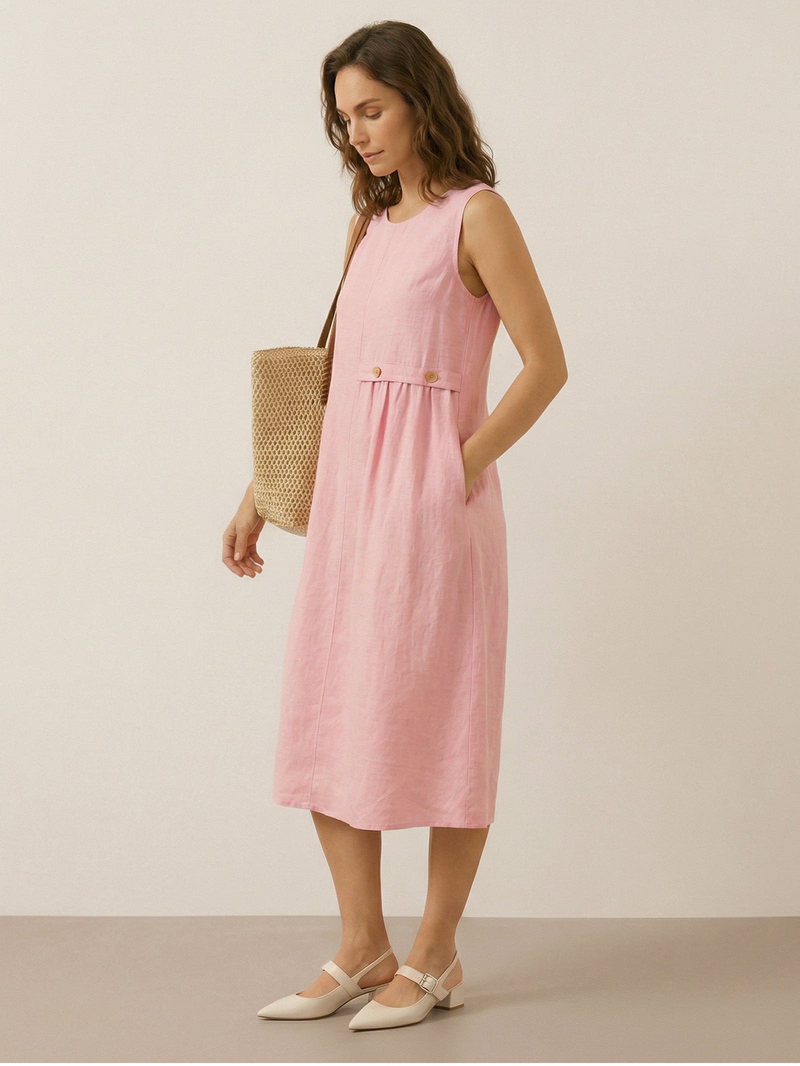 100% Linen Sleeveless Accordion Pleat Midi Dress TINA