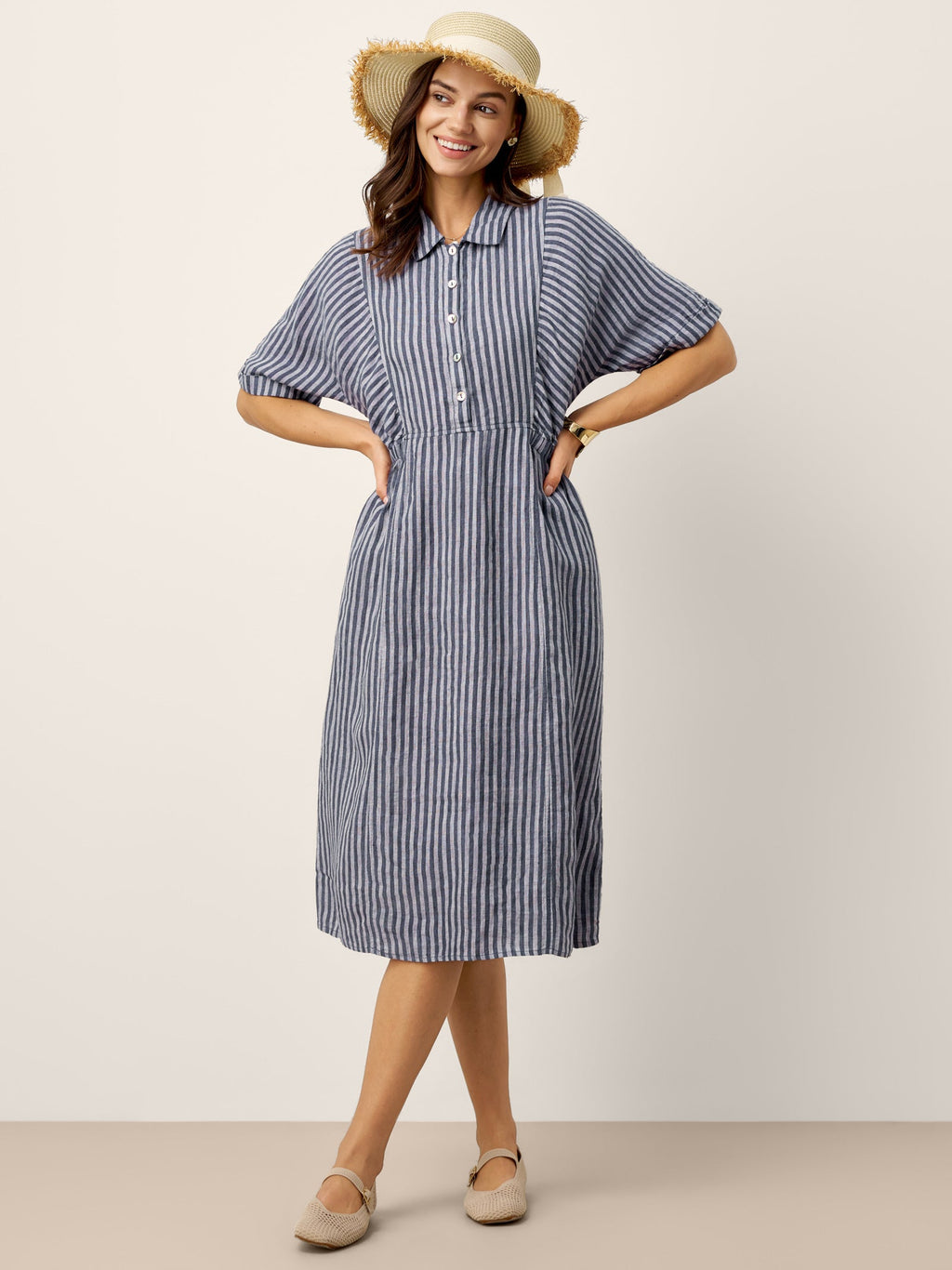 100% Linen Striped Buttoned Front Short Sleeve Midi Shirt Dress CASSANDRA