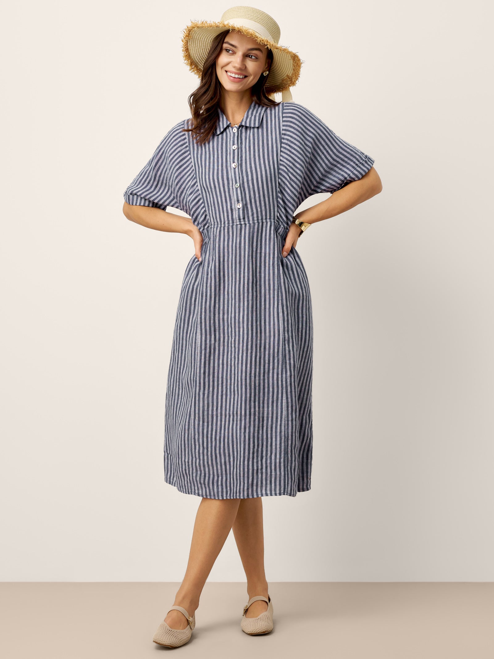 100% Linen Striped Buttoned Front Short Sleeve Midi Shirt Dress CASSANDRA