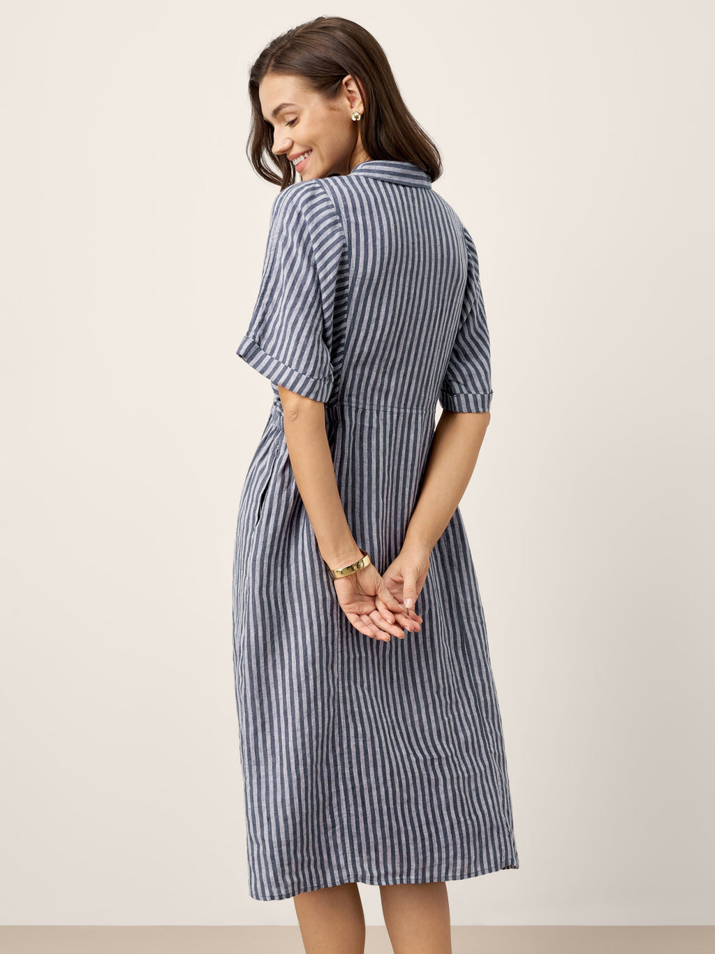 100% Linen Striped Buttoned Front Short Sleeve Midi Shirt Dress CASSANDRA