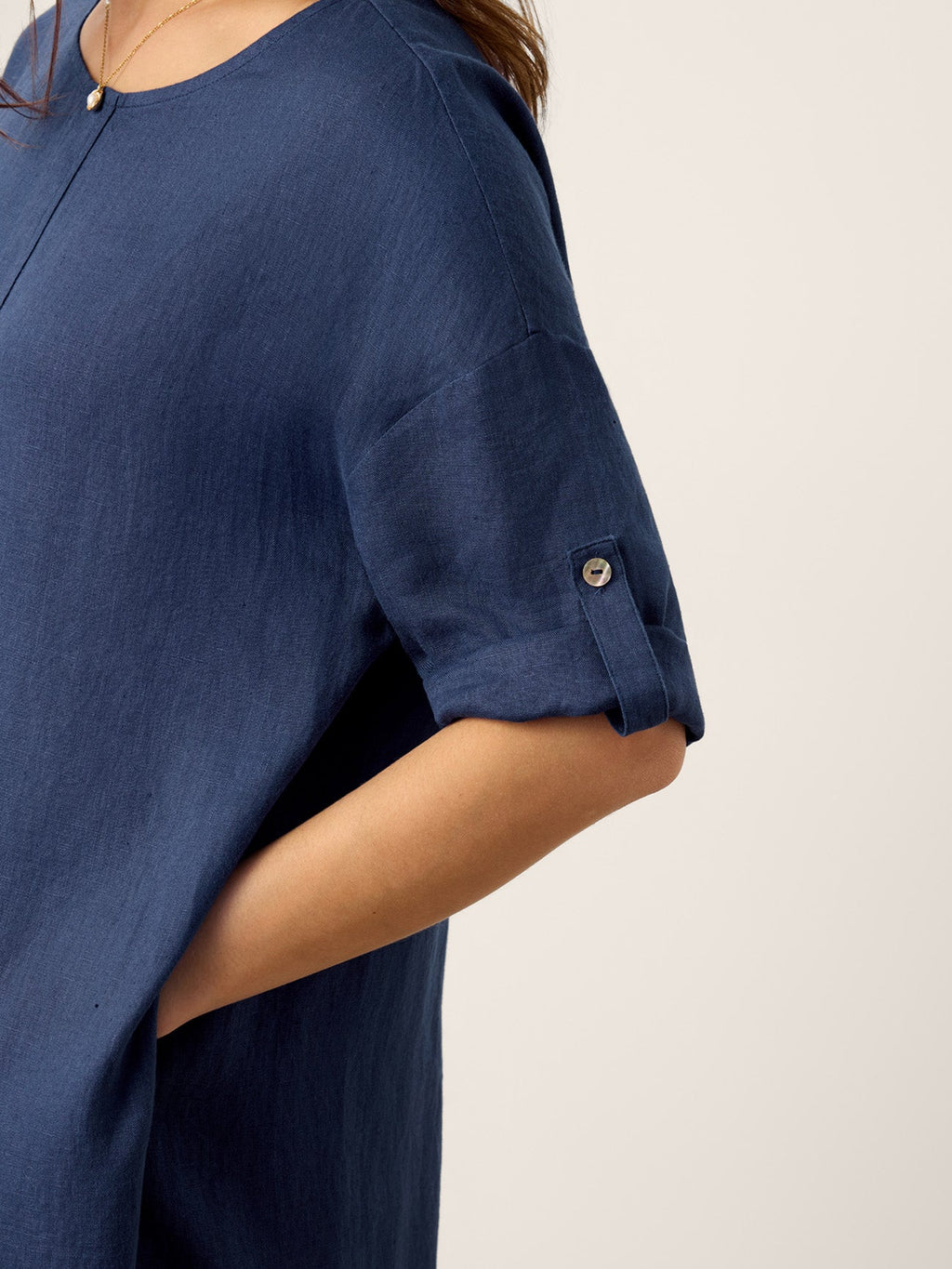 100% Linen Roll-Up Sleeve Inverted Pleat Midi Dress MARIBEL