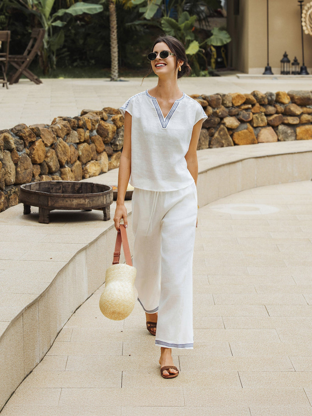 100% Linen Embroidered Elastic Waist Pants FENE