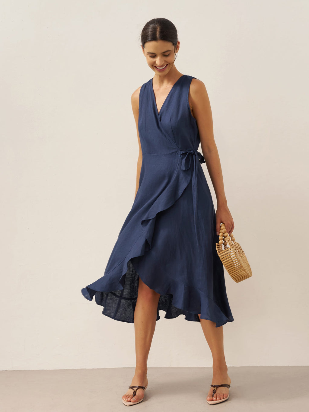 100% Linen V-Neck One-Piece Ruffle Hem Midi Dress MAYA