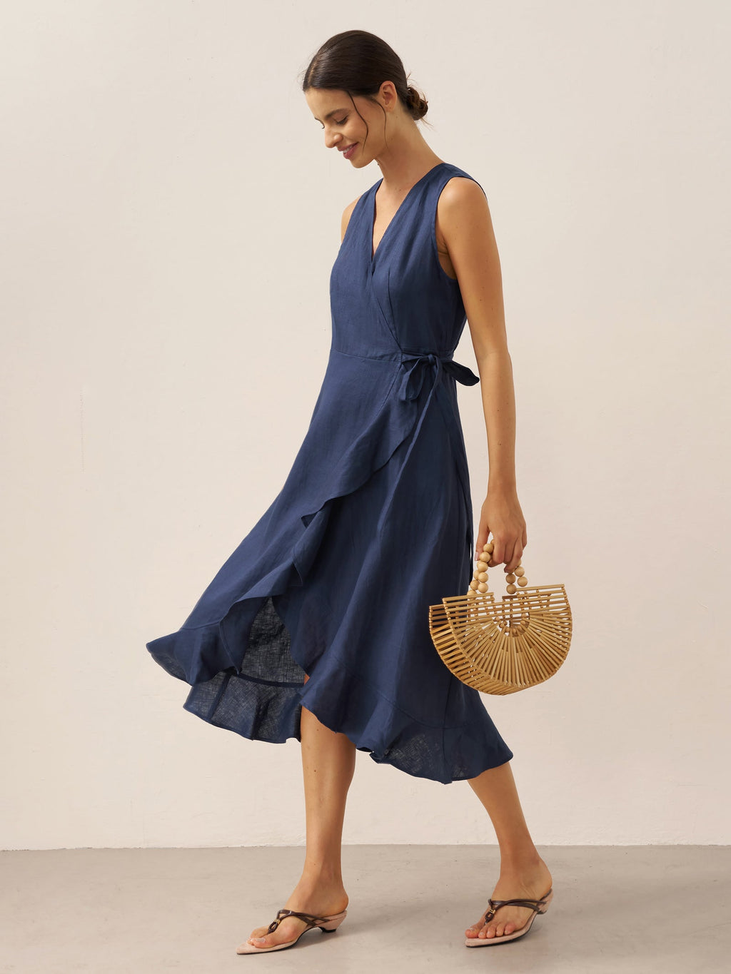 100% Linen V-Neck One-Piece Ruffle Hem Midi Dress MAYA