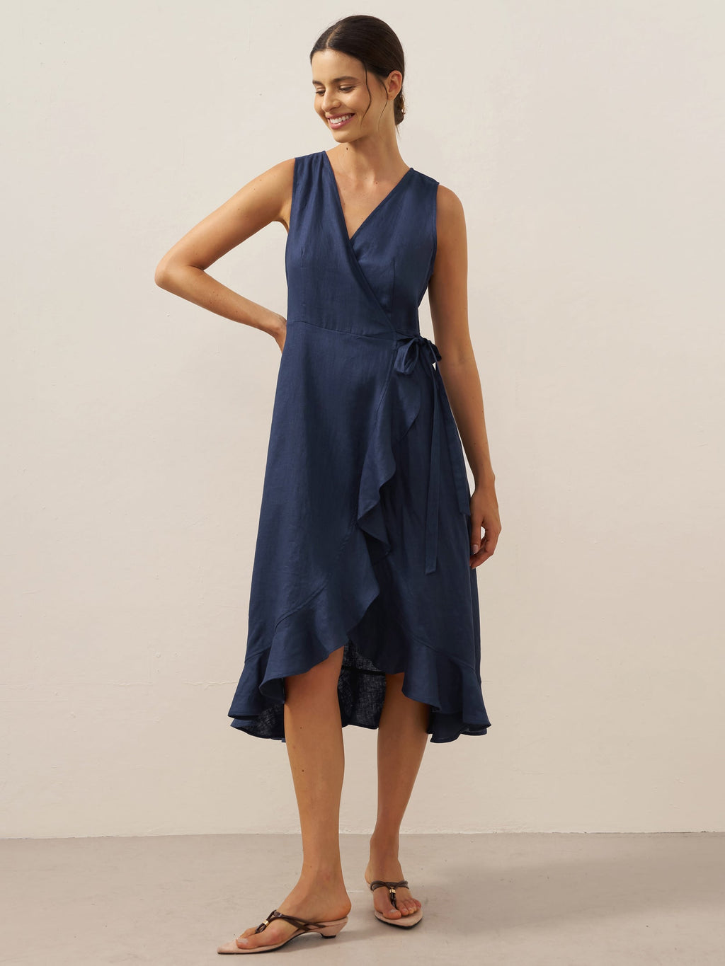 100% Linen V-Neck One-Piece Ruffle Hem Midi Dress MAYA