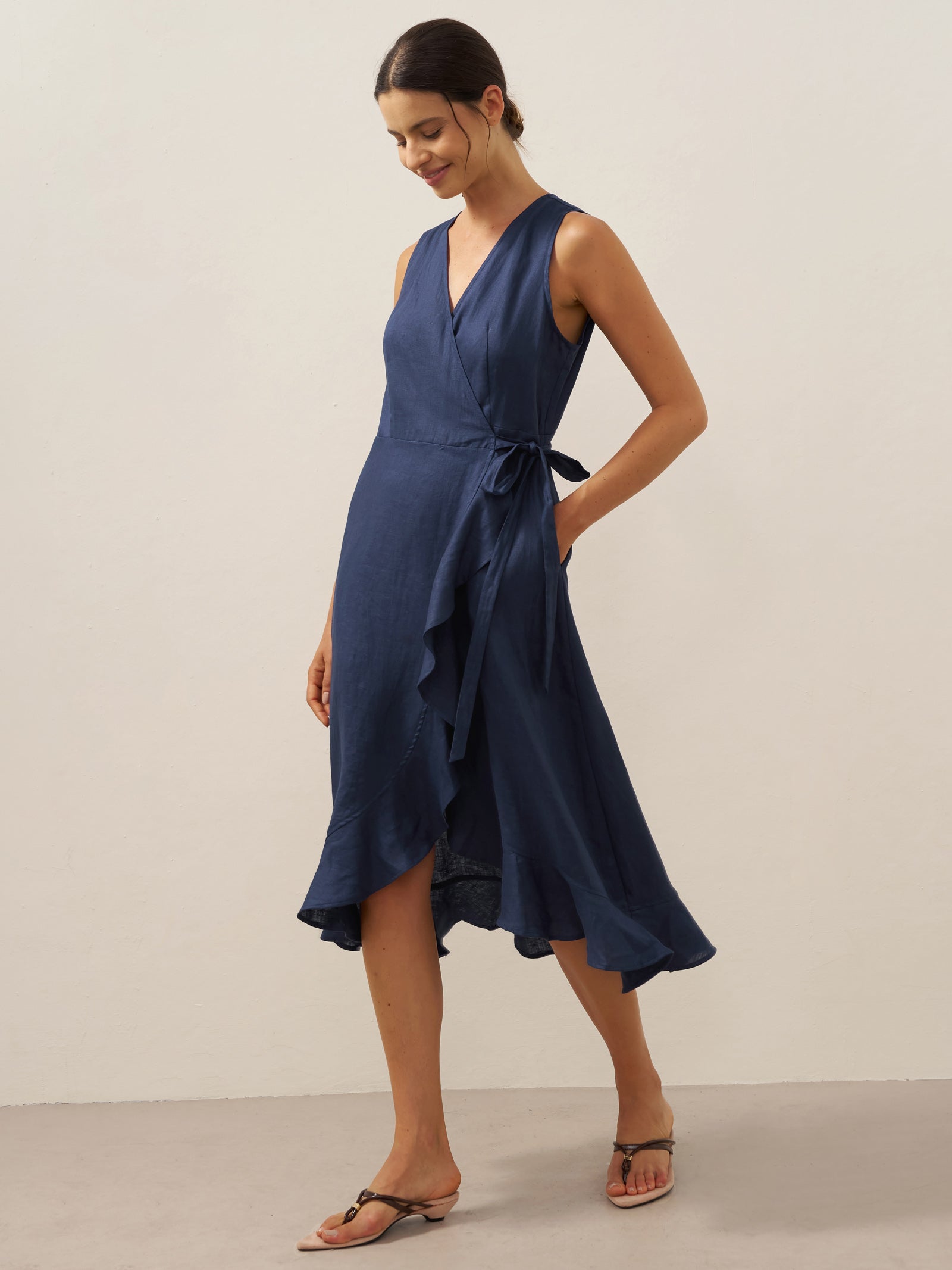 100% Linen V-Neck One-Piece Ruffle Hem Midi Dress MAYA