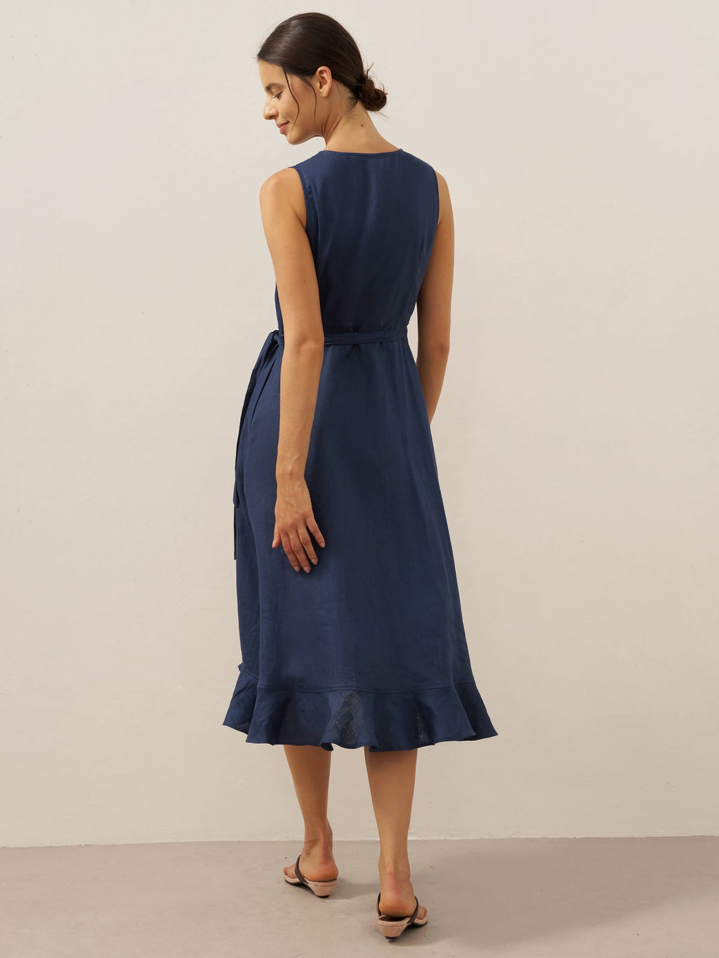 100% Linen V-Neck One-Piece Ruffle Hem Midi Dress MAYA