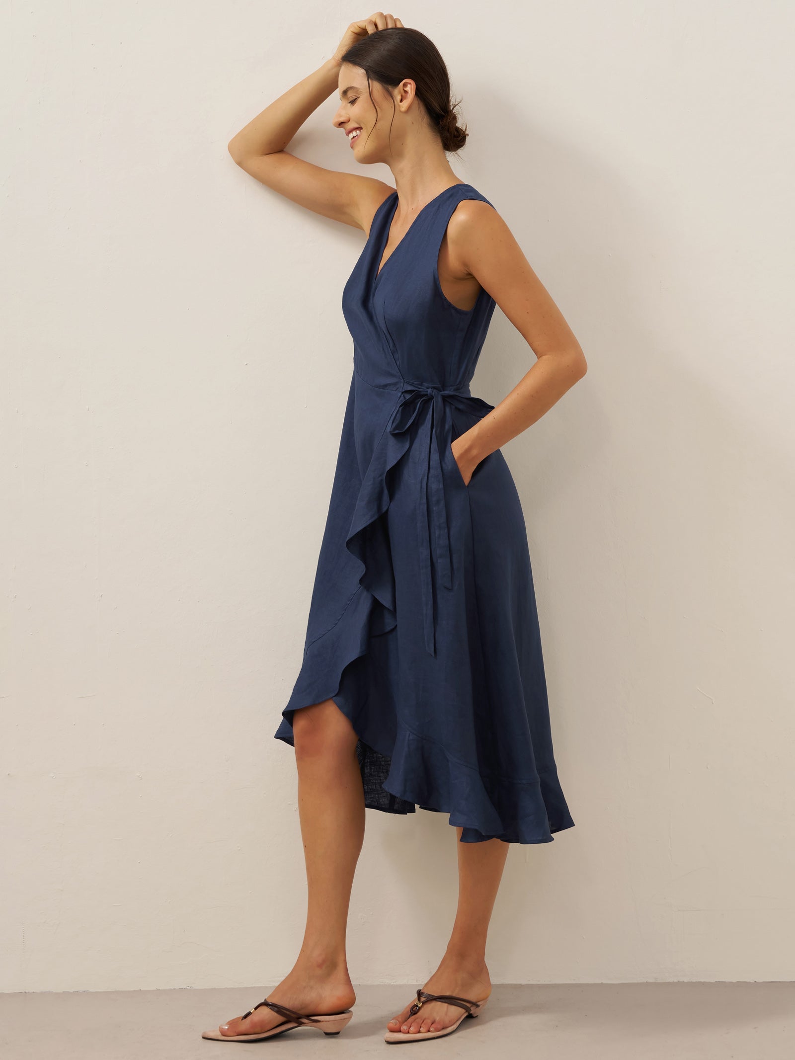 100% Linen V-Neck One-Piece Ruffle Hem Midi Dress MAYA