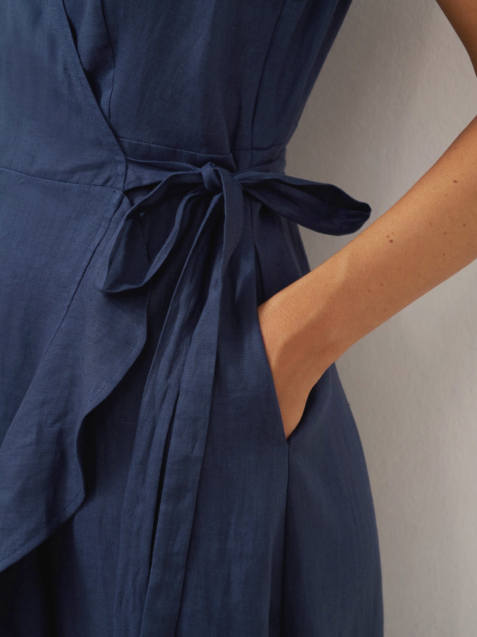 100% Linen V-Neck One-Piece Ruffle Hem Midi Dress MAYA