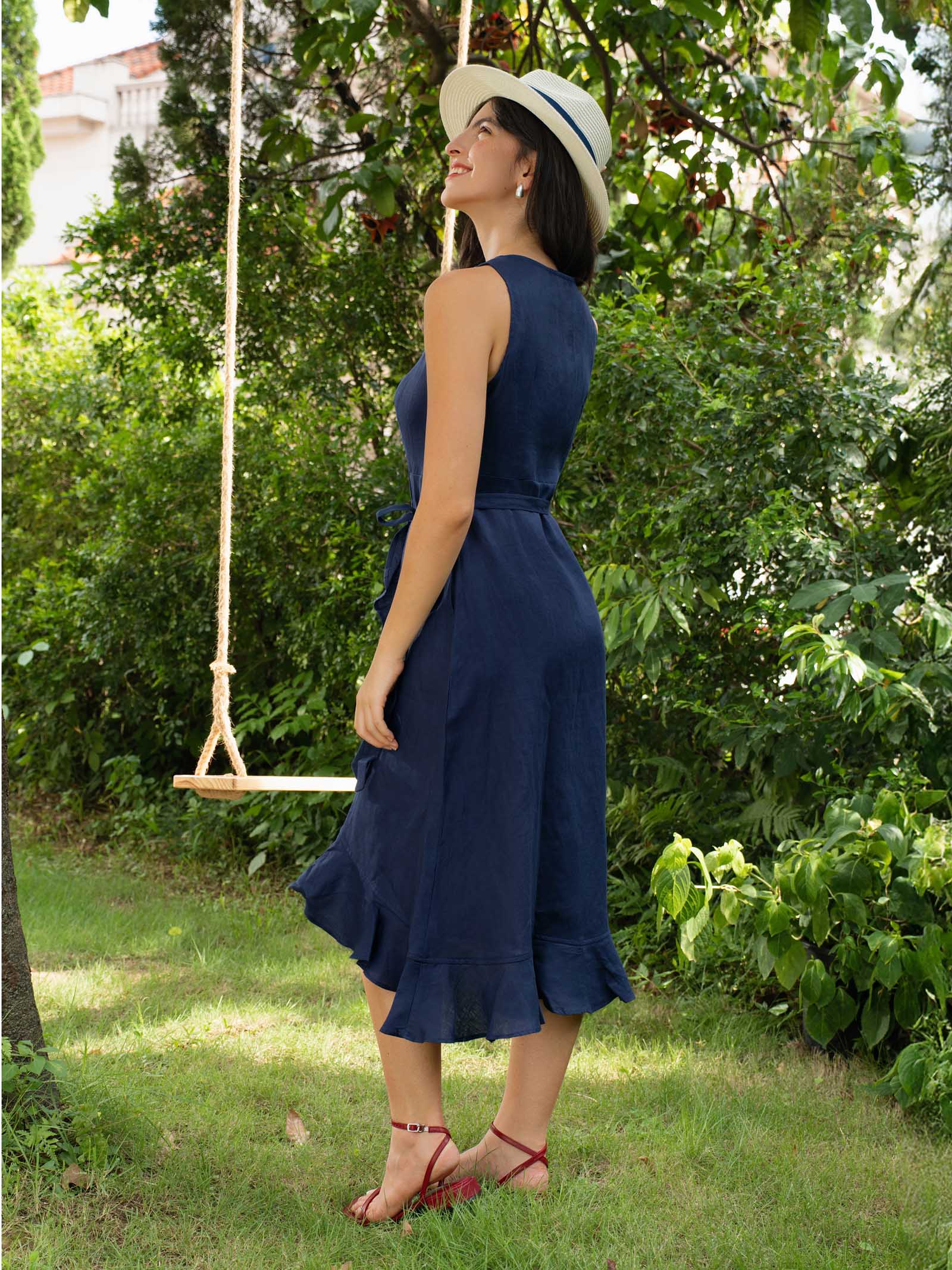 100% Linen V-Neck One-Piece Ruffle Hem Midi Dress MAYA