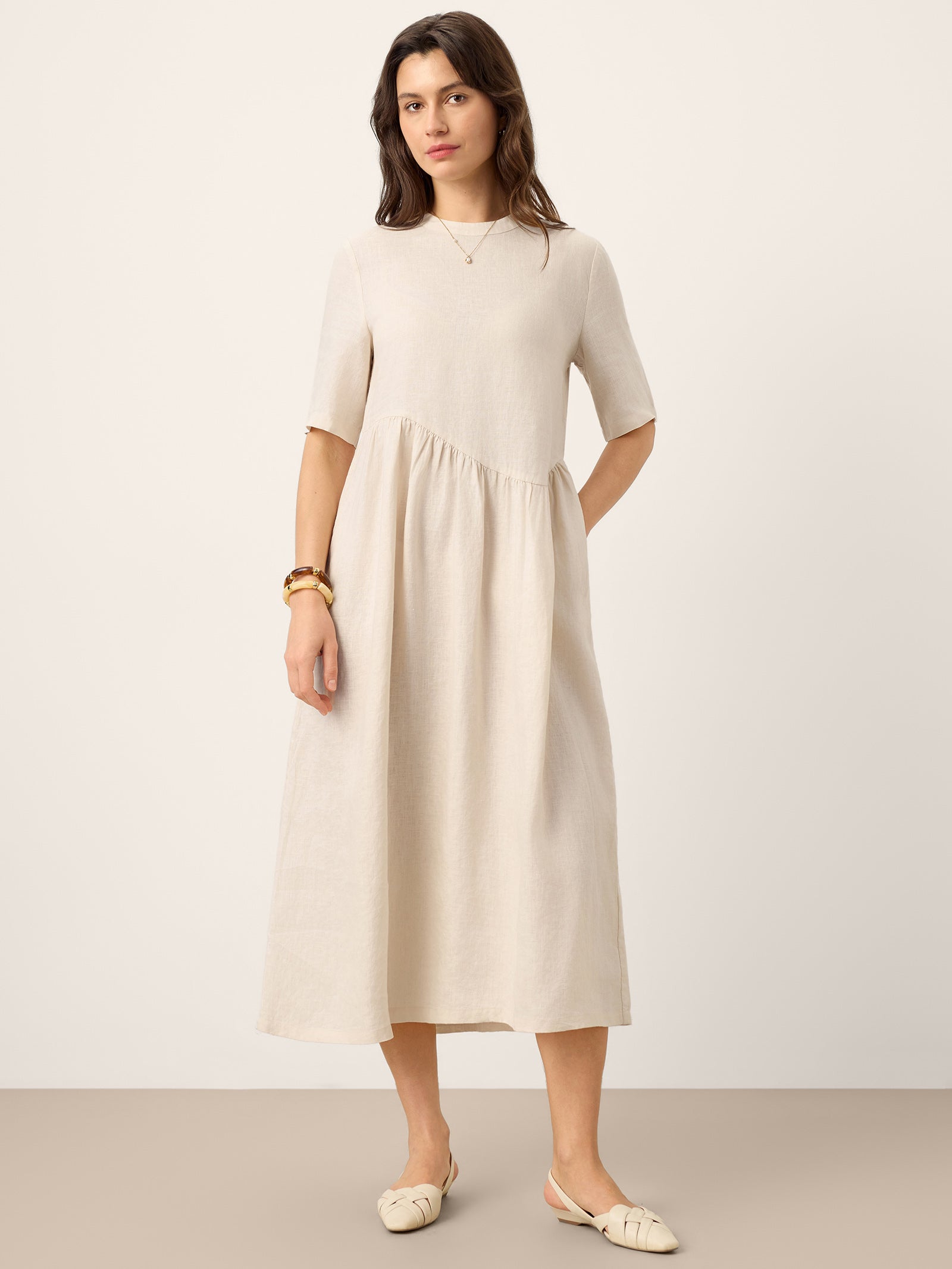 100% Linen Arch-Seam Fluid Midi Dress EUDORA