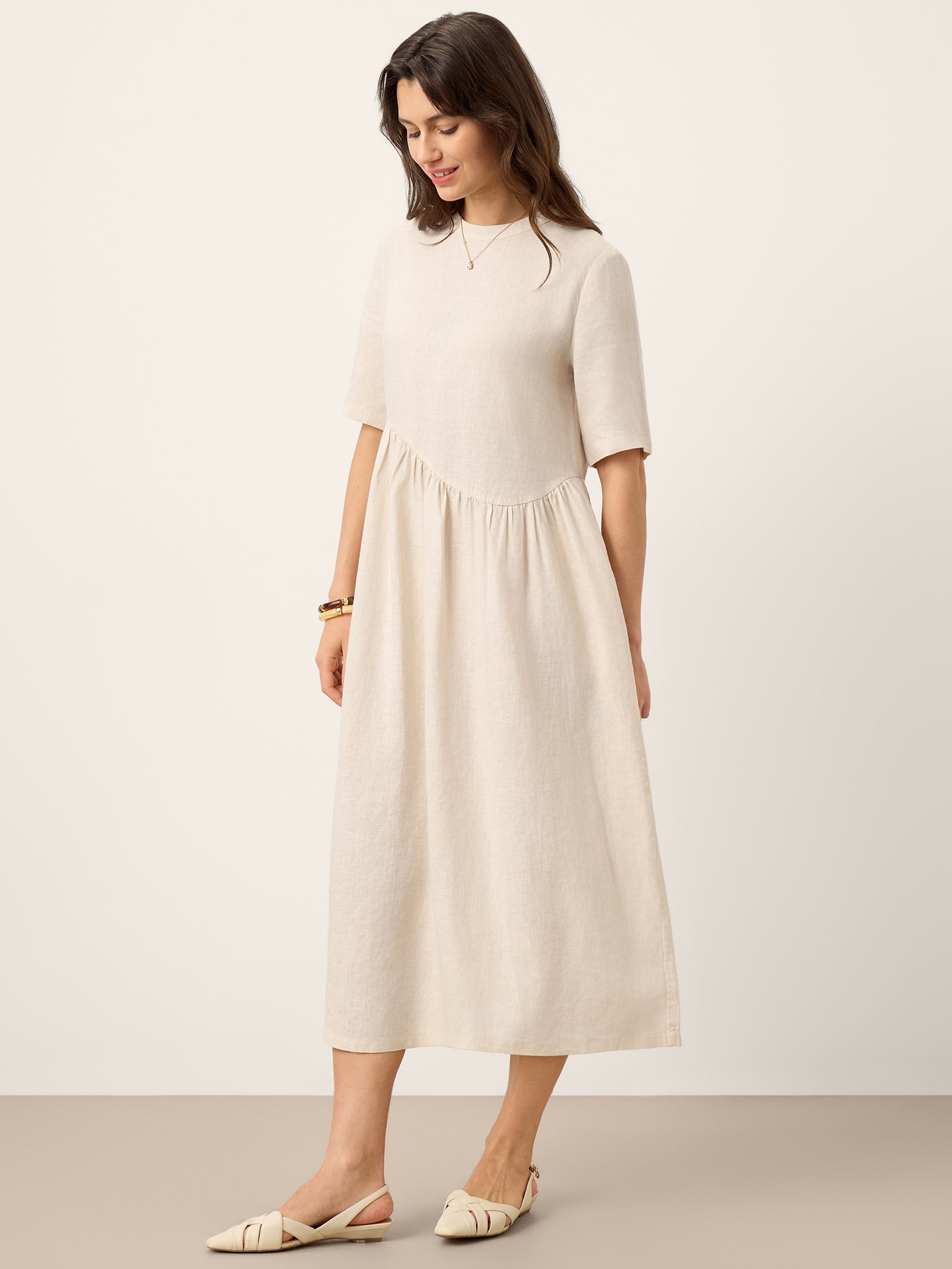 100% Linen Arch-Seam Fluid Midi Dress EUDORA