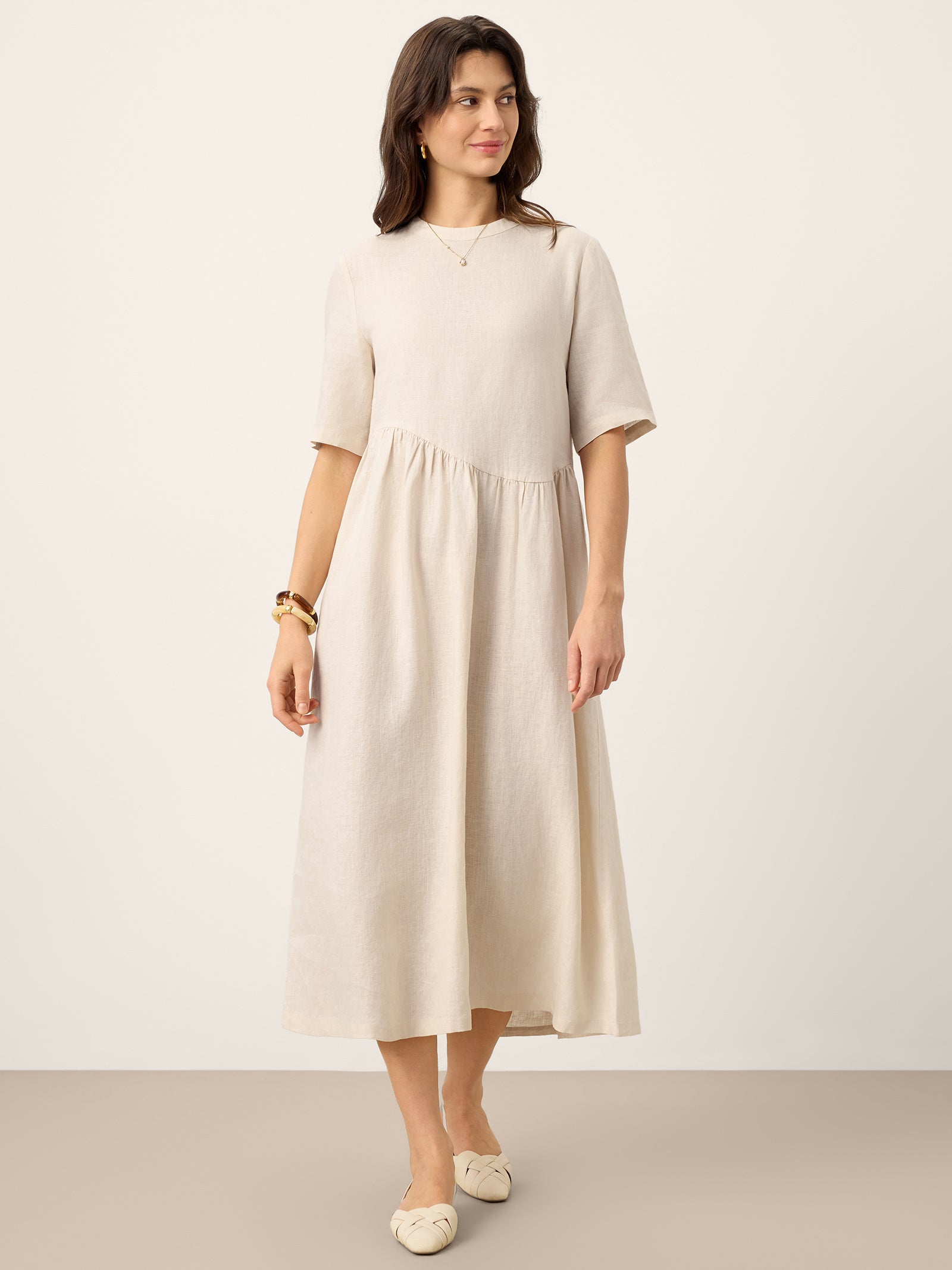 100% Linen Arch-Seam Fluid Midi Dress EUDORA