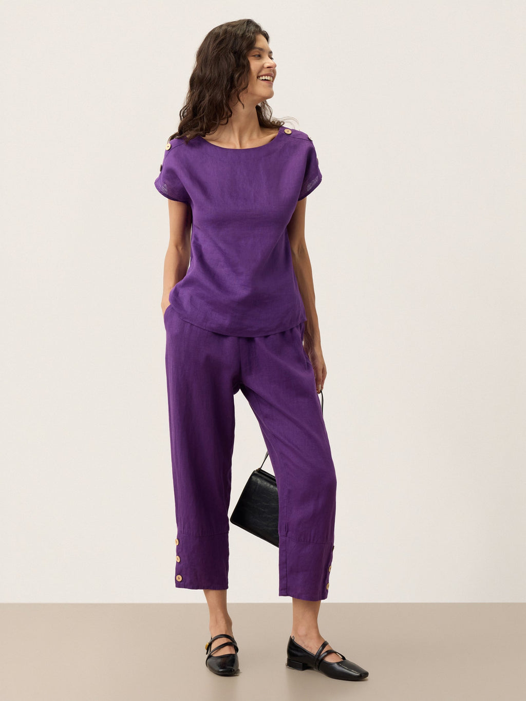 100% Linen Artisan Button Tapered Pants KATHERINE