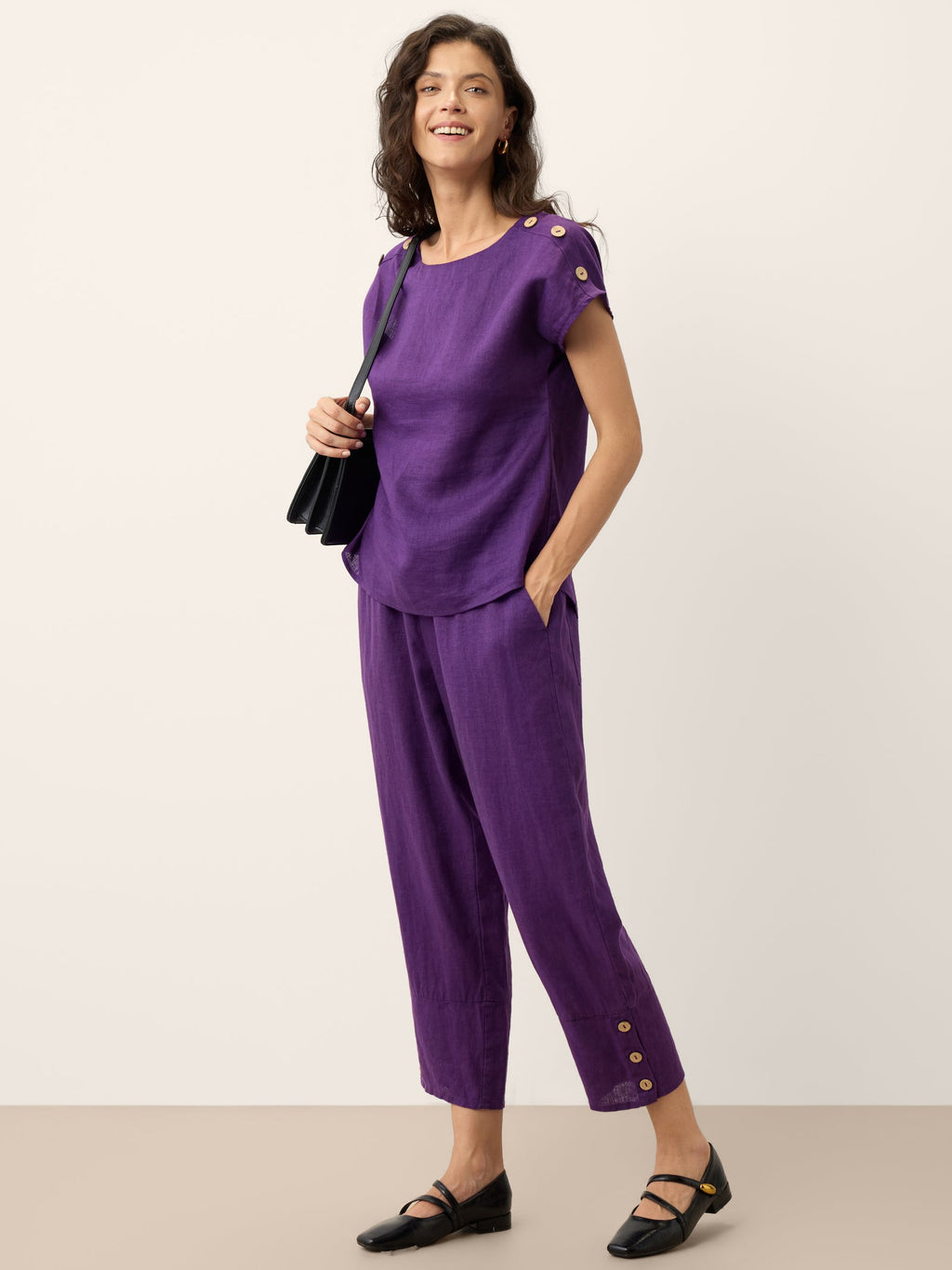 100% Linen Artisan Button Tapered Pants KATHERINE