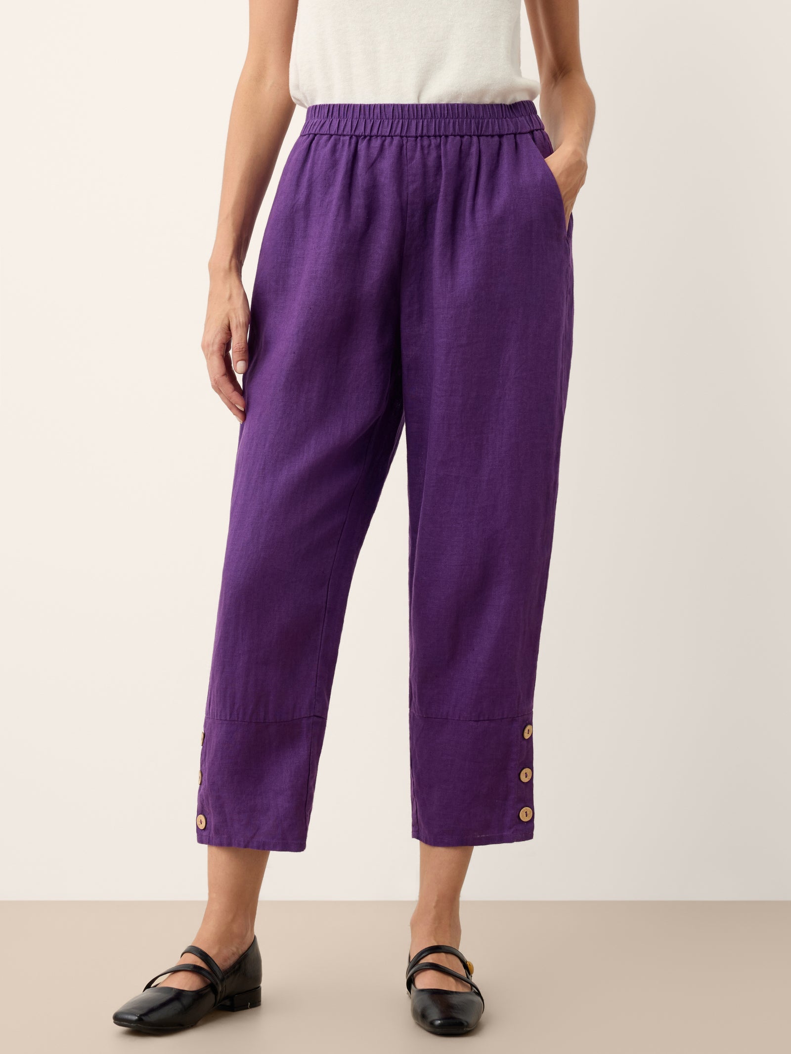 100% Linen Artisan Button Tapered Pants KATHERINE