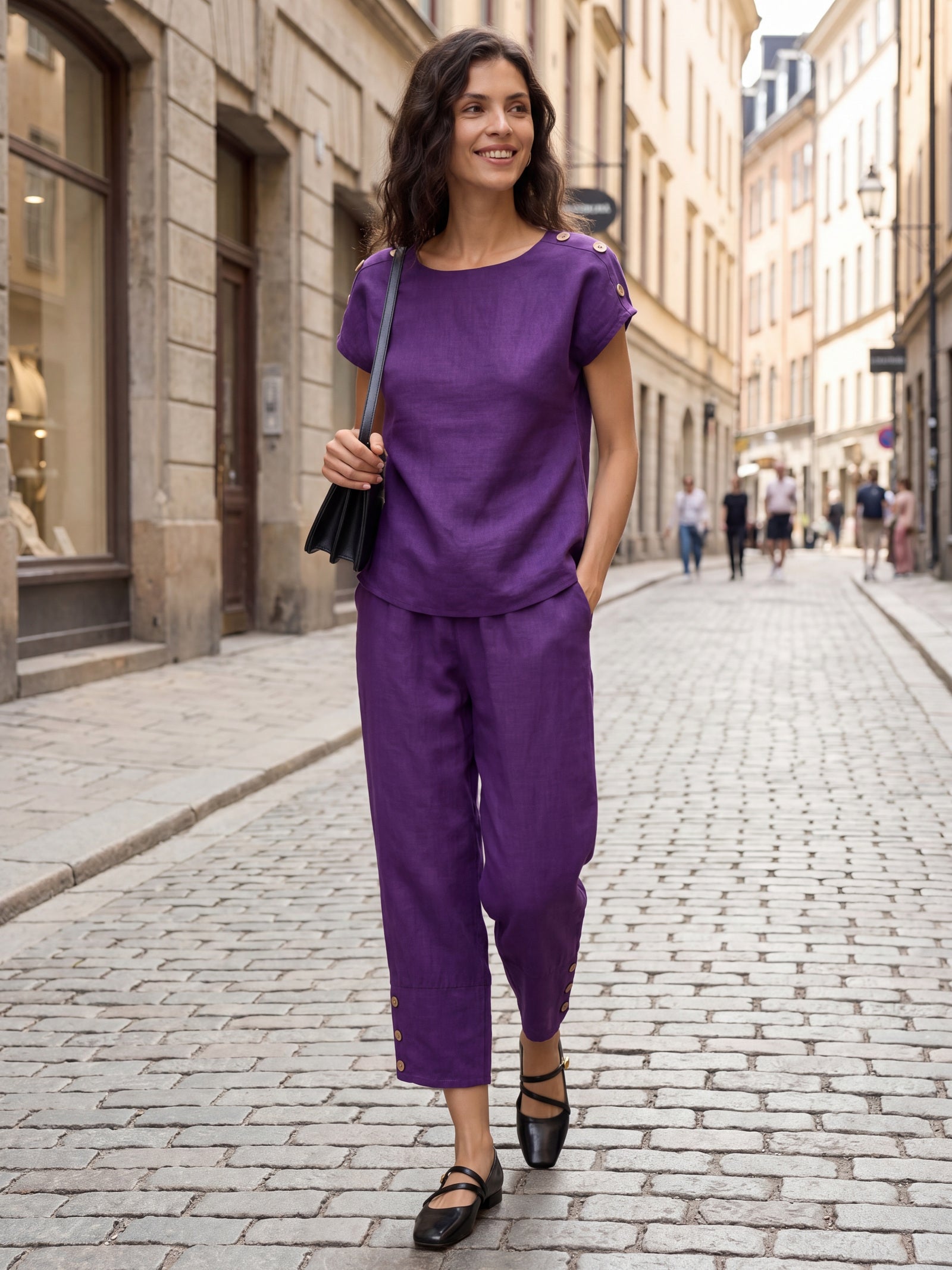 100% Linen Artisan Button Tapered Pants KATHERINE