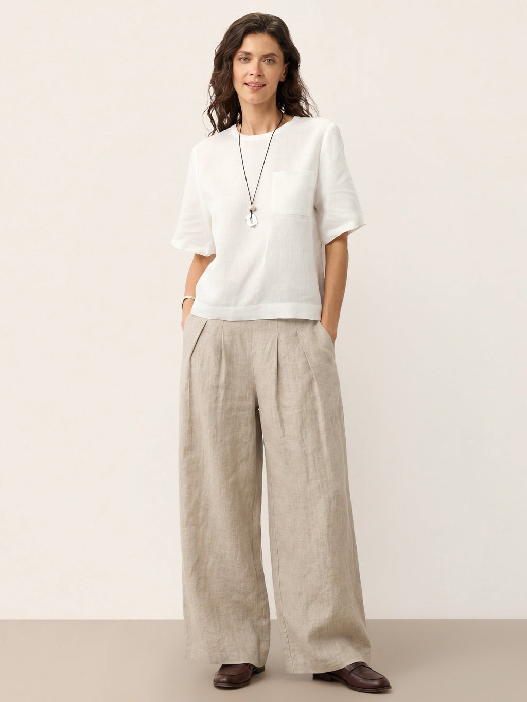 100% Linen Pleated Waist Wide Leg Pants LOUISA