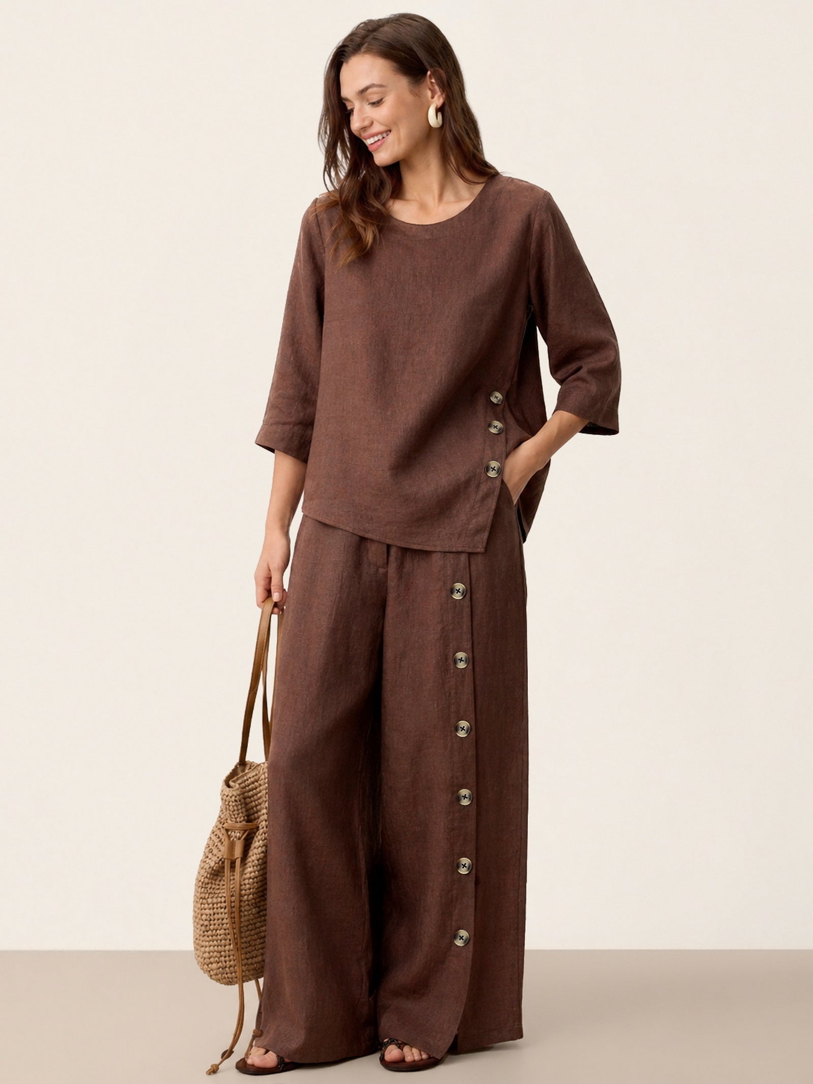 100% Linen Asymmetric-Hem Button-Trim Top NYLA