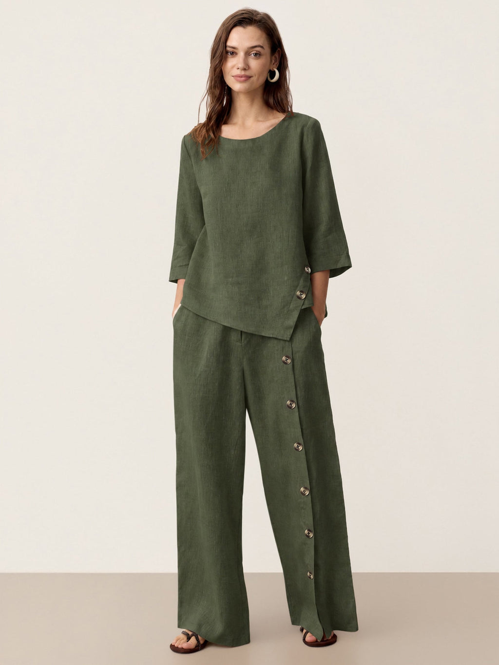 100% Linen Asymmetric-Hem Button-Trim Top NYLA