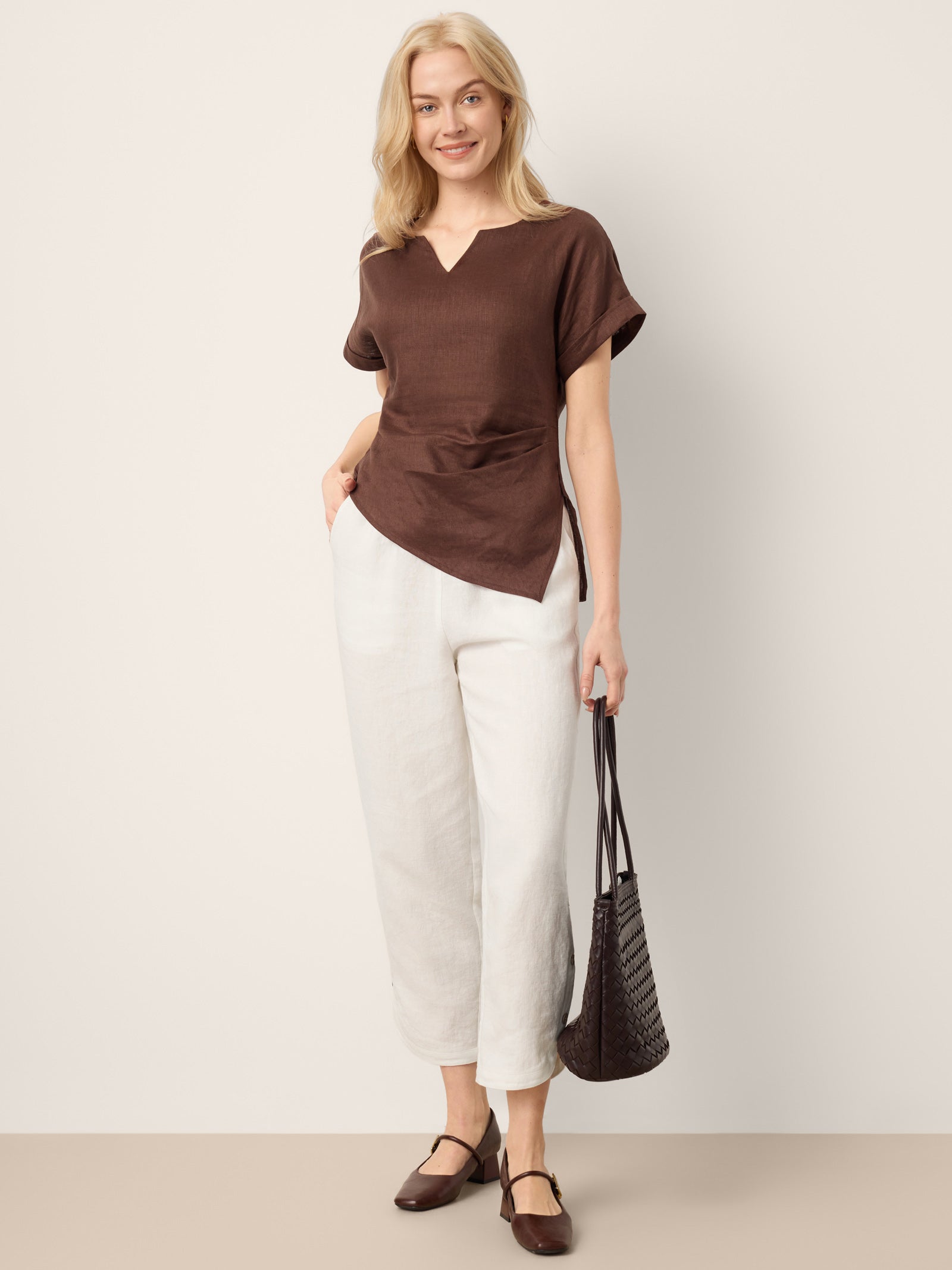 100% Linen Asymmetric Hem Side Gathered Split-Neck Top MINERVA