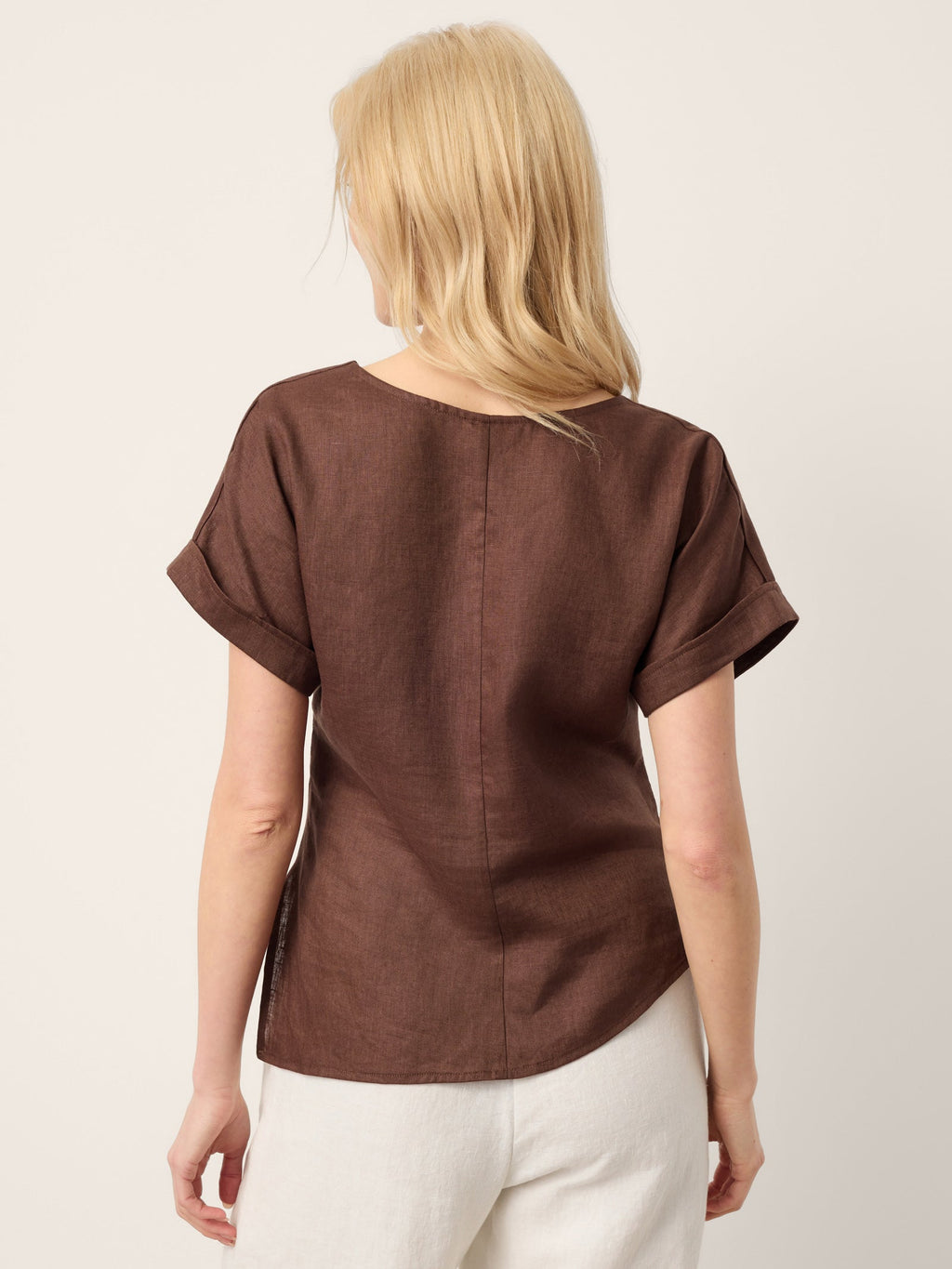 100% Linen Asymmetric Hem Side Gathered Split-Neck Top MINERVA