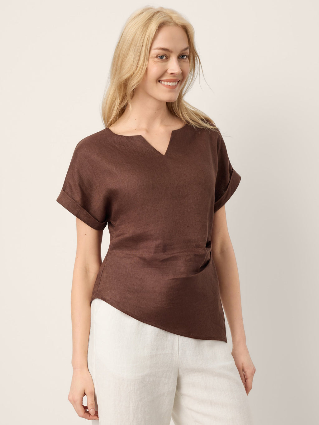 100% Linen Asymmetric Hem Side Gathered Split-Neck Top MINERVA