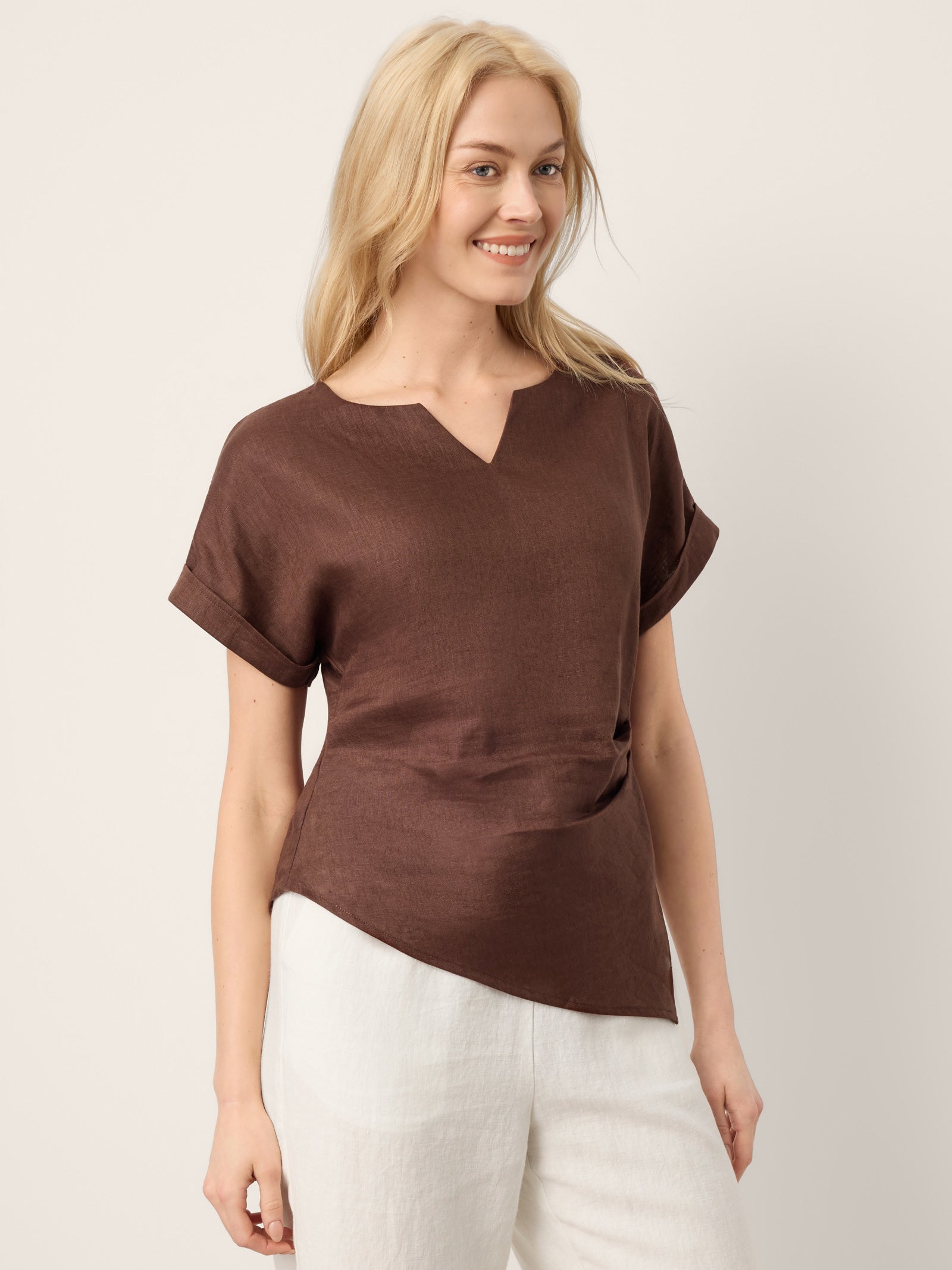 100% Linen Asymmetric Hem Side Gathered Split-Neck Top MINERVA