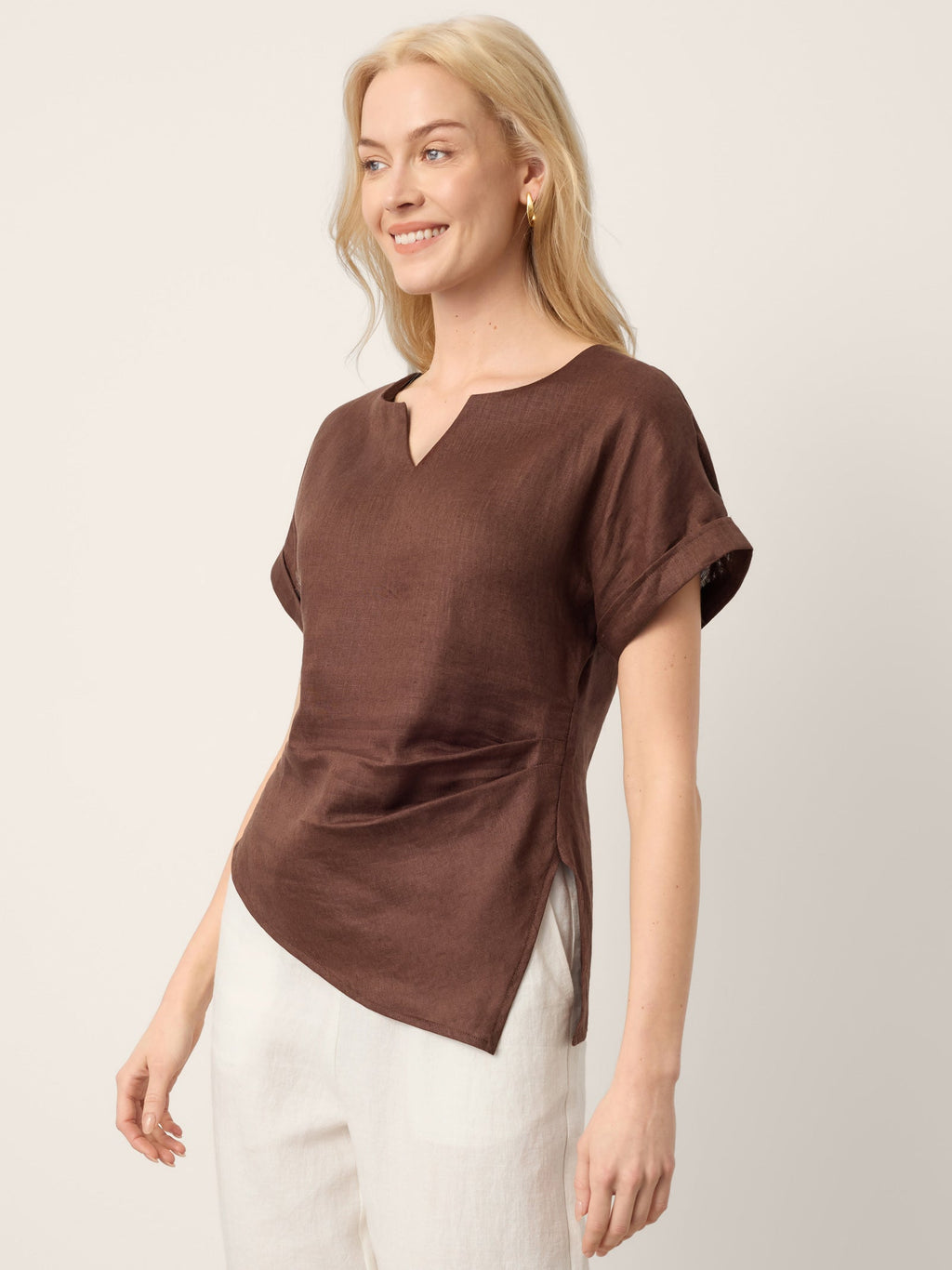 100% Linen Asymmetric Hem Side Gathered Split-Neck Top MINERVA
