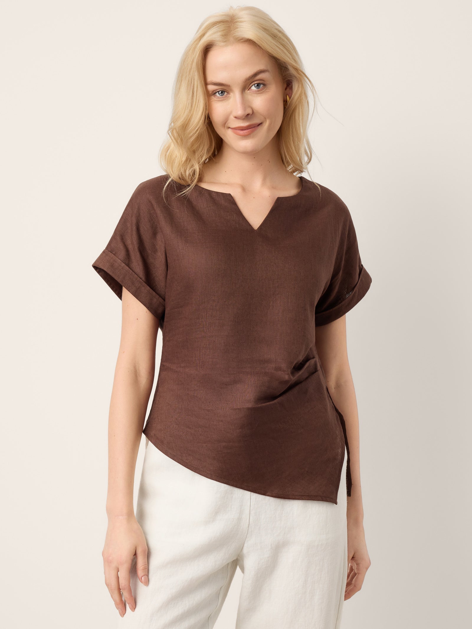 100% Linen Asymmetric Hem Side Gathered Split-Neck Top MINERVA