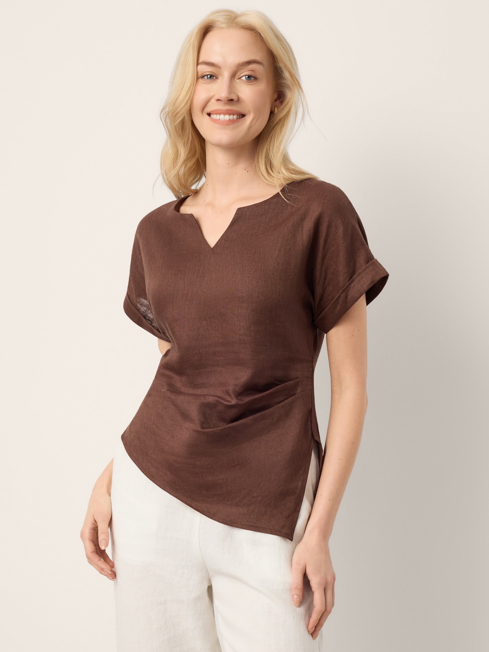 100% Linen Asymmetric Hem Side Gathered Split-Neck Top MINERVA