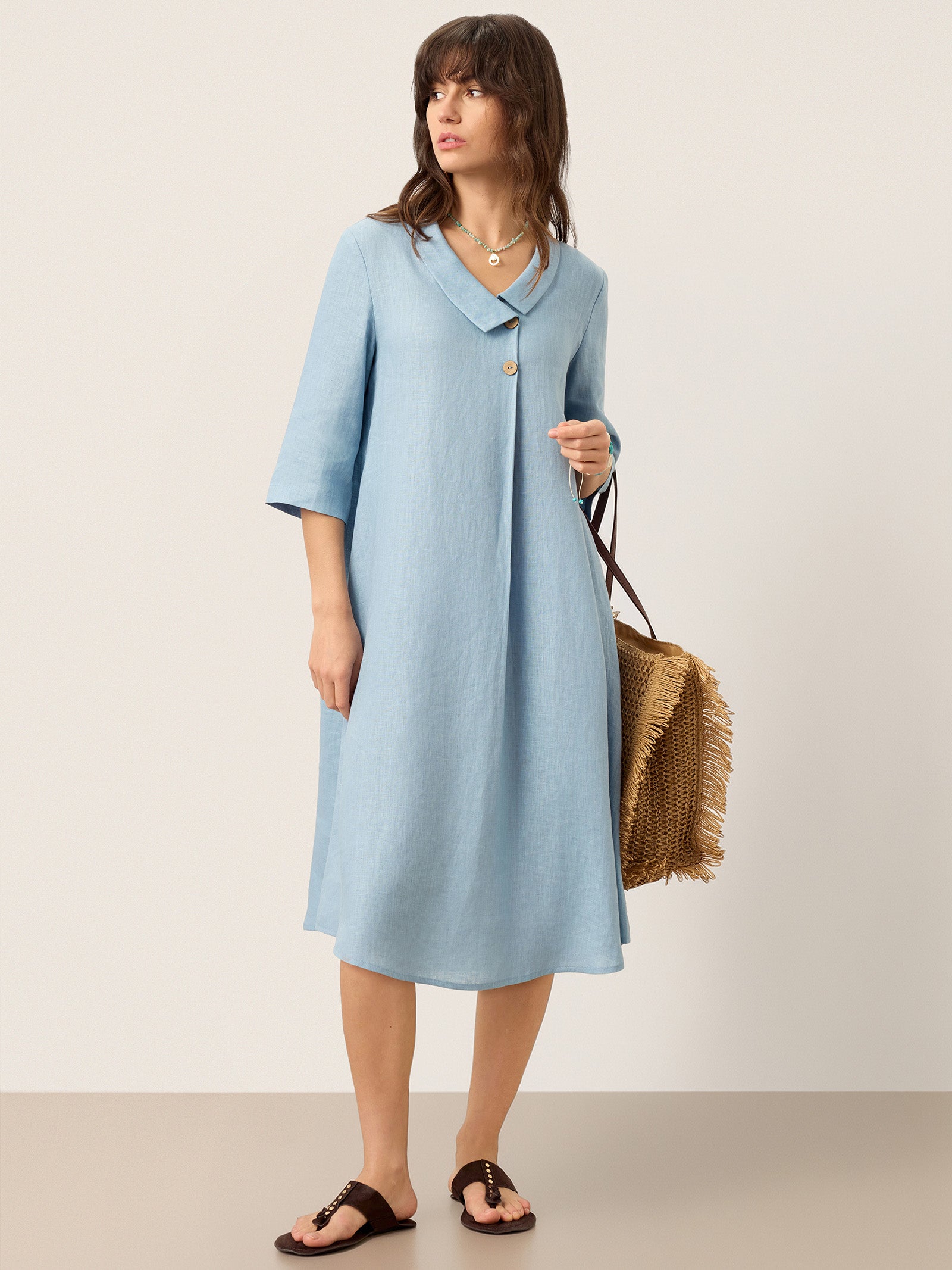 100% Linen Asymmetric Shawl Collar A-Line Mini Dress WINIFRED