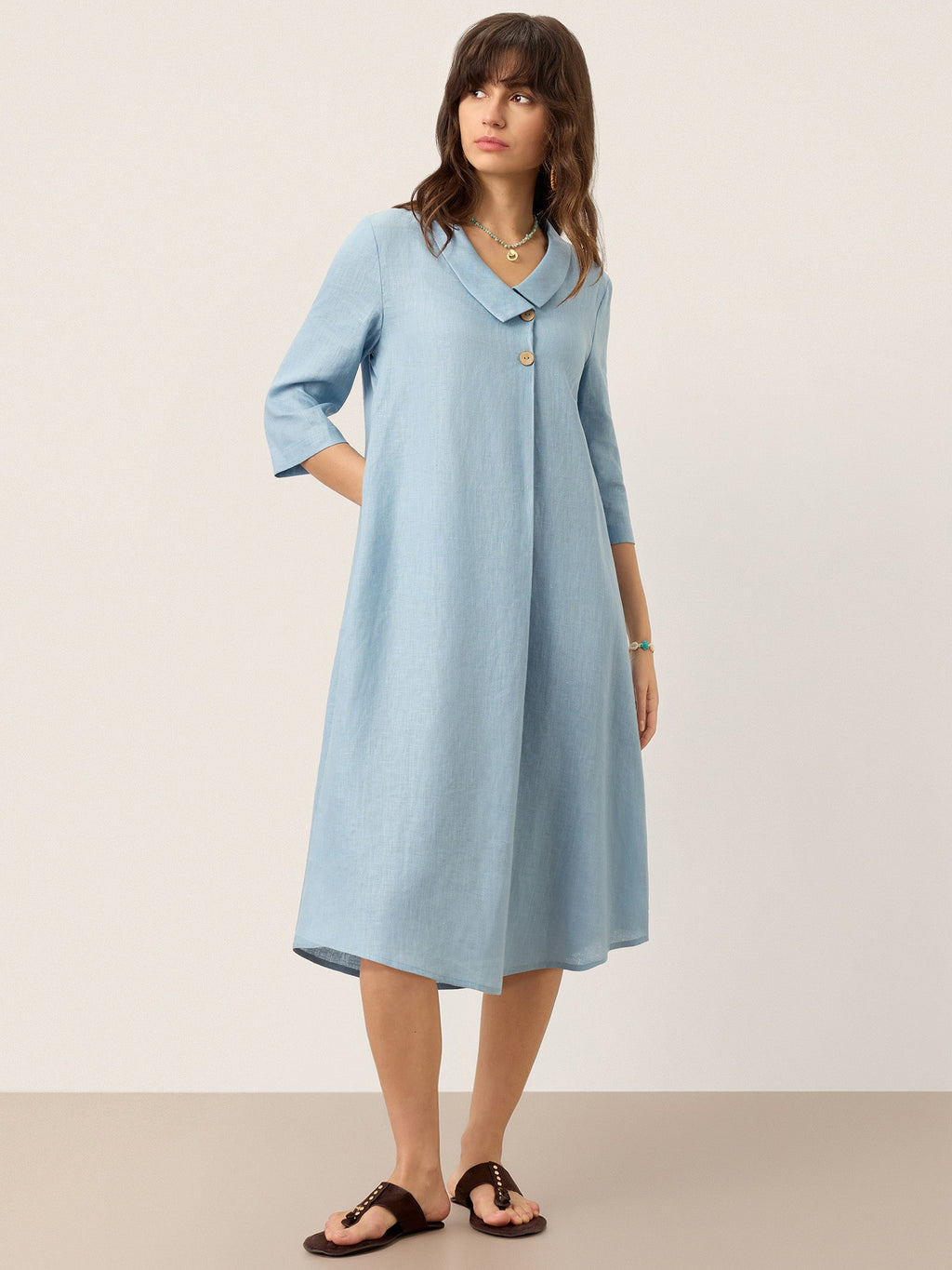 100% Linen Asymmetric Shawl Collar A-Line Mini Dress WINIFRED