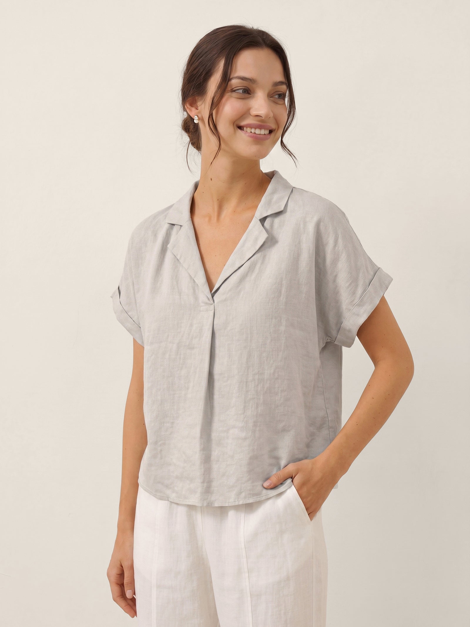 100% Linen Blazer-Inspired Pullover Top DINA