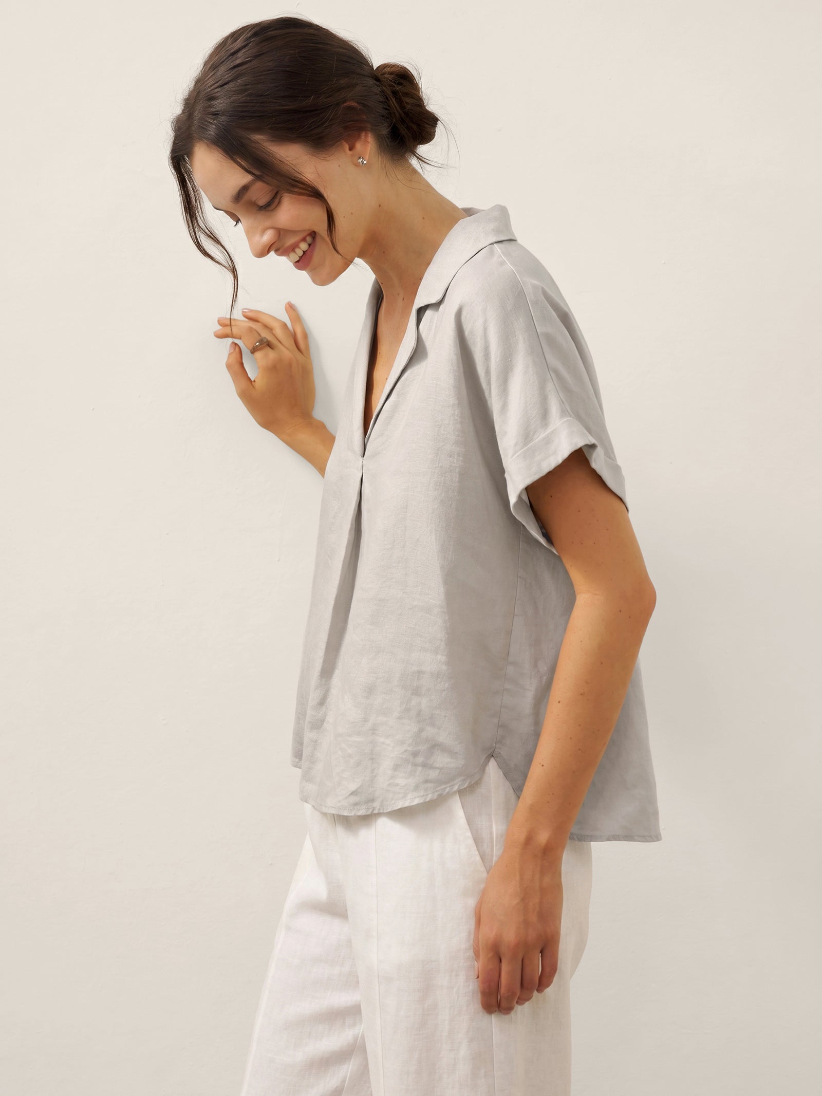 100% Linen Blazer-Inspired Pullover Top DINA