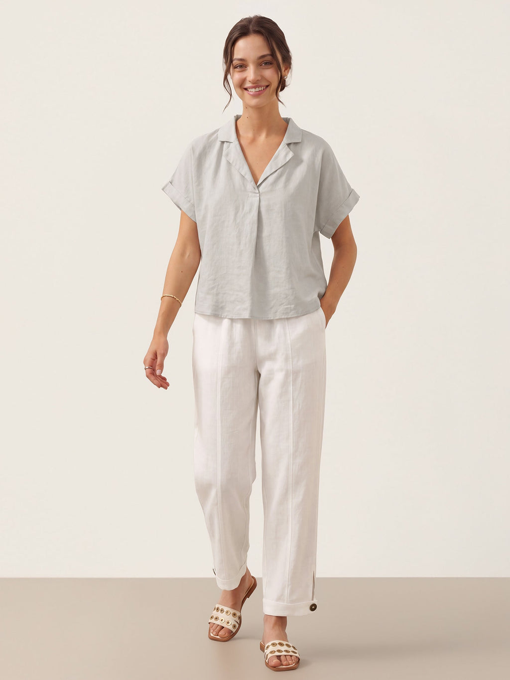 100% Linen Blazer-Inspired Pullover Top DINA