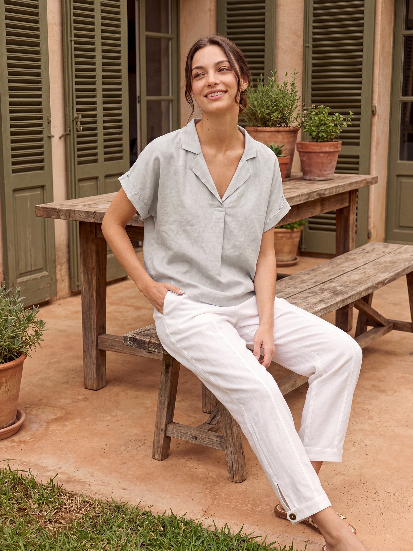 100% Linen Blazer-Inspired Pullover Top DINA