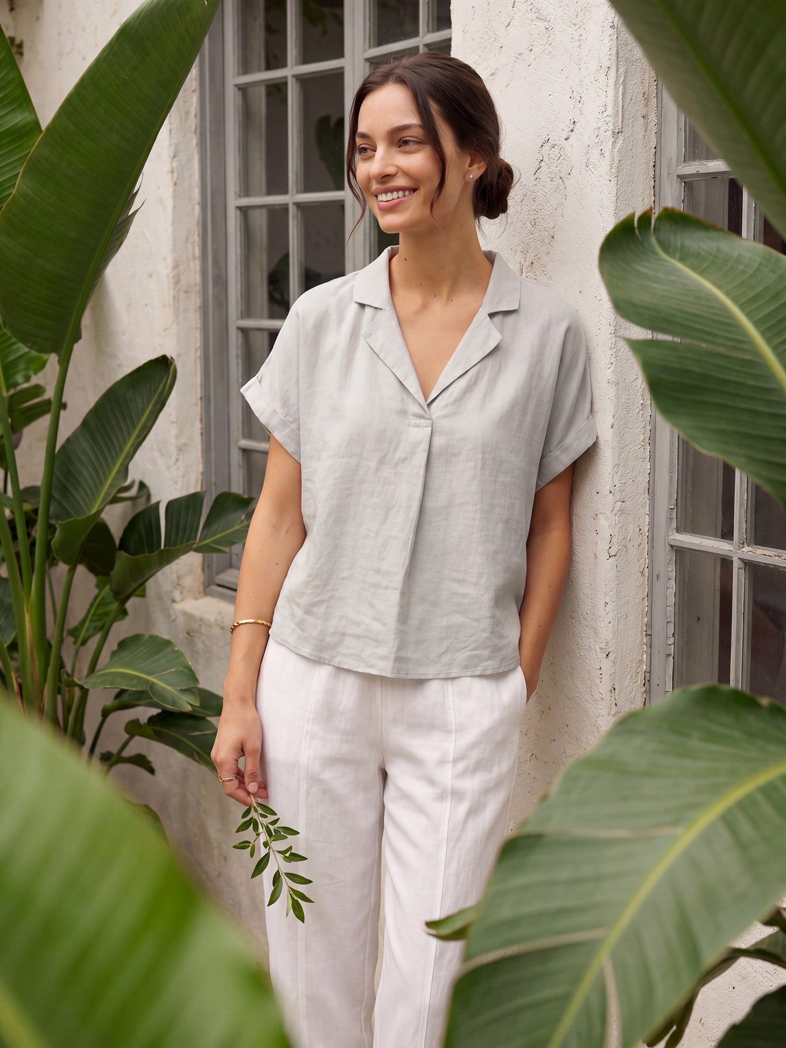 100% Linen Blazer-Inspired Pullover Top DINA