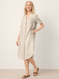 100% Linen Button-Front Tie Cuff V-Neck Shirt Dress HONORIA