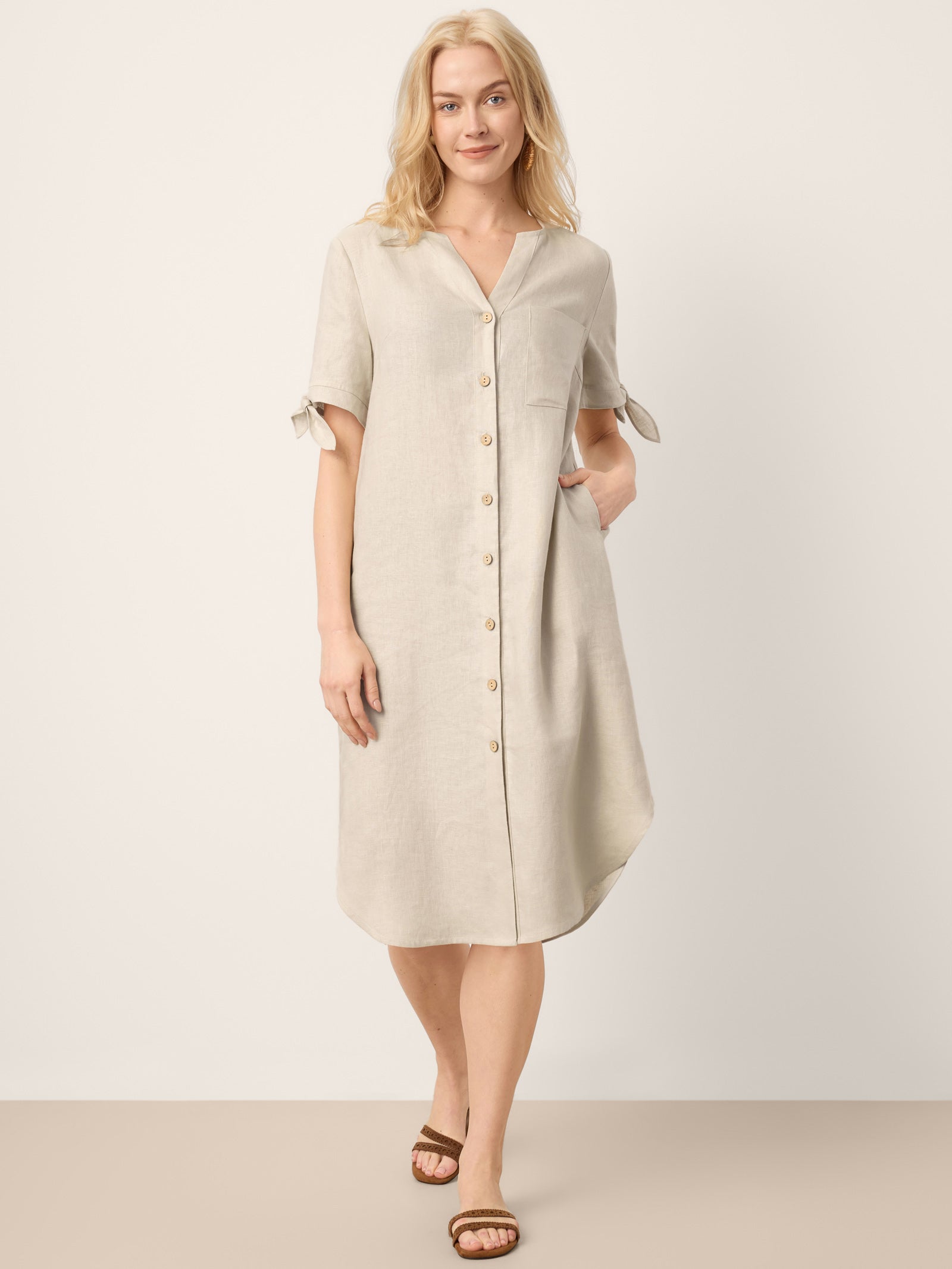 100% Linen Button-Front Tie Cuff V-Neck Shirt Dress HONORIA