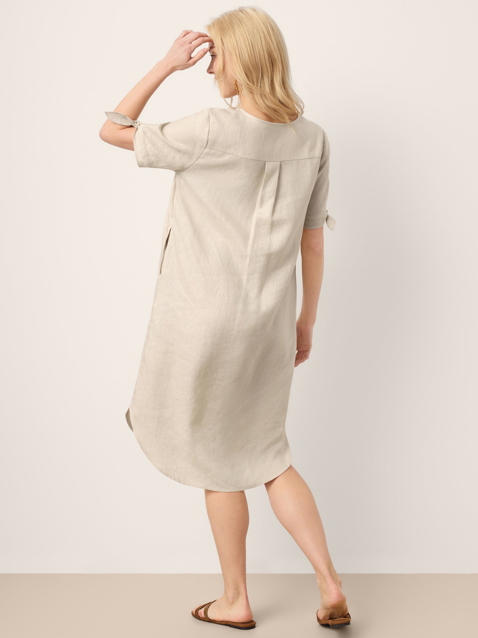 100% Linen Button-Front Tie Cuff V-Neck Shirt Dress HONORIA