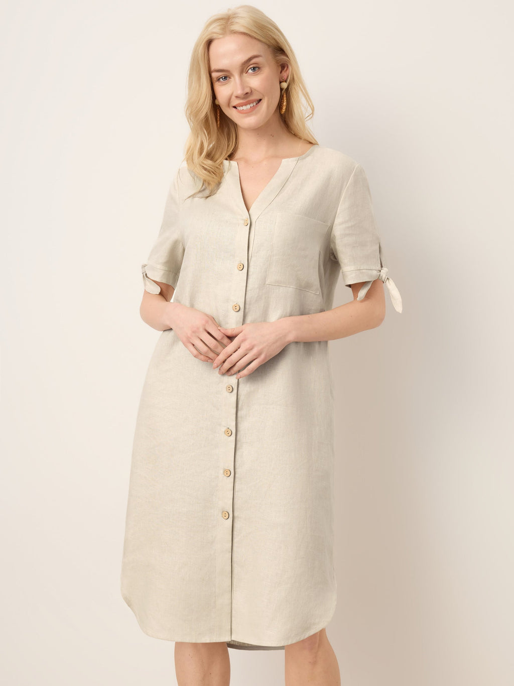 100% Linen Button-Front Tie Cuff V-Neck Shirt Dress HONORIA